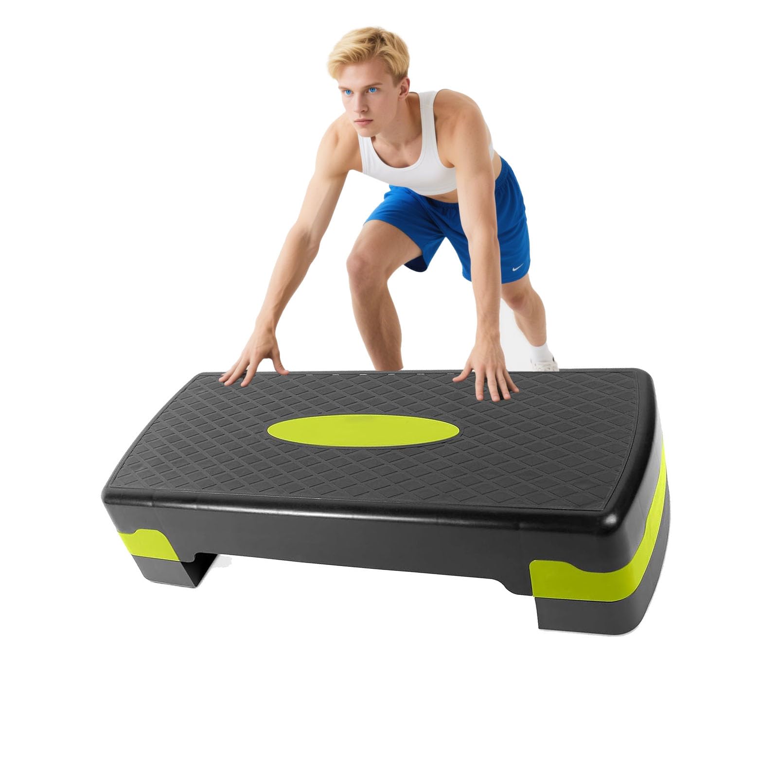 Planche de Step Fitness 68 cm Ajustable - Stepper Antidérapant avec Hauteur Réglable (10-15 cm) pour Entraînement Aérobic et Musculation à Domicile - Écologique, avec Élastiques et Poids