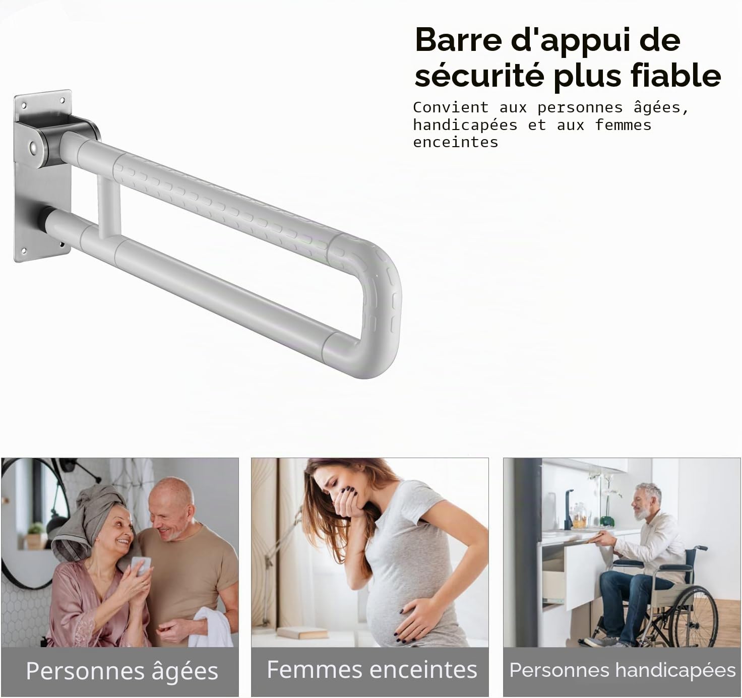 Barre de Maintien Douche, 60cm Pliable Blanc en Acier Inoxydable | Poignée de Sécurité Toilette Adaptée aux Handicapés et Seniors, Supporte jusqu'à 300kg