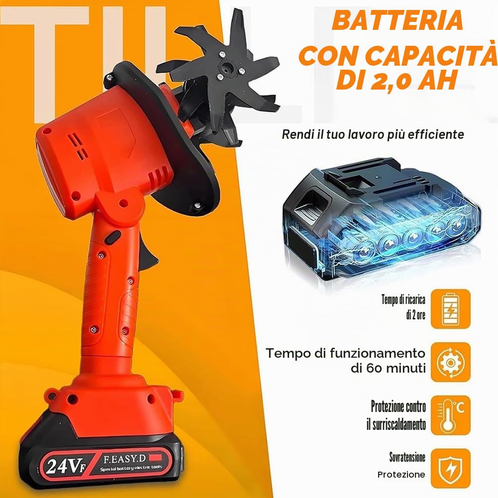 Motozappa senza fili da 21 V per giardinaggio, motozappe elettriche e coltivatori, rotavatore a batteria, scarificatore da giardino per prati, 360 giri/min, larghezza di lavorazione 12,7 cm