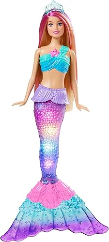 Muñeca Barbie de sirena con cola iluminada parpadeante activada por agua juguetes de sirena Barbie Dreamtopia cabello rayado rosa