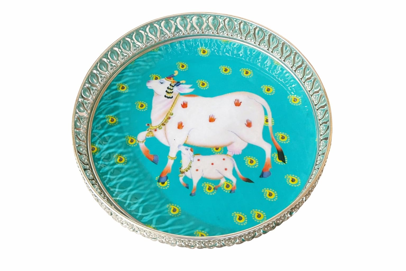 Handcrafted German Silver Pichwai Tray - Peacock Design -5
