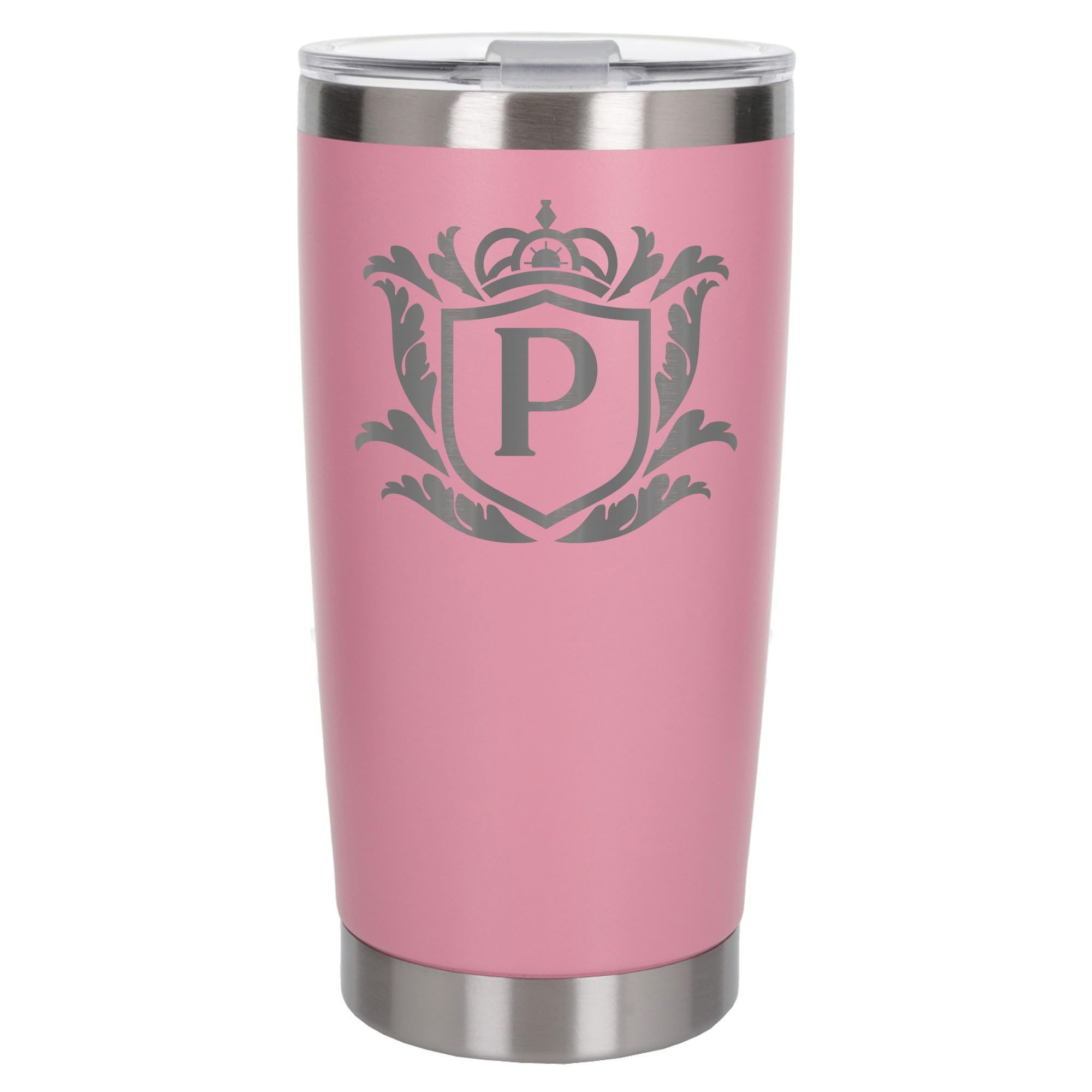 Customised Gifts 500ml Engraved Shield Initial Monogram Insulated Personalised Light Pink Travel Mug for Men and Women - Personalised Initial Coffee Travel Mug for Hot and Cold Beverages, Letter P