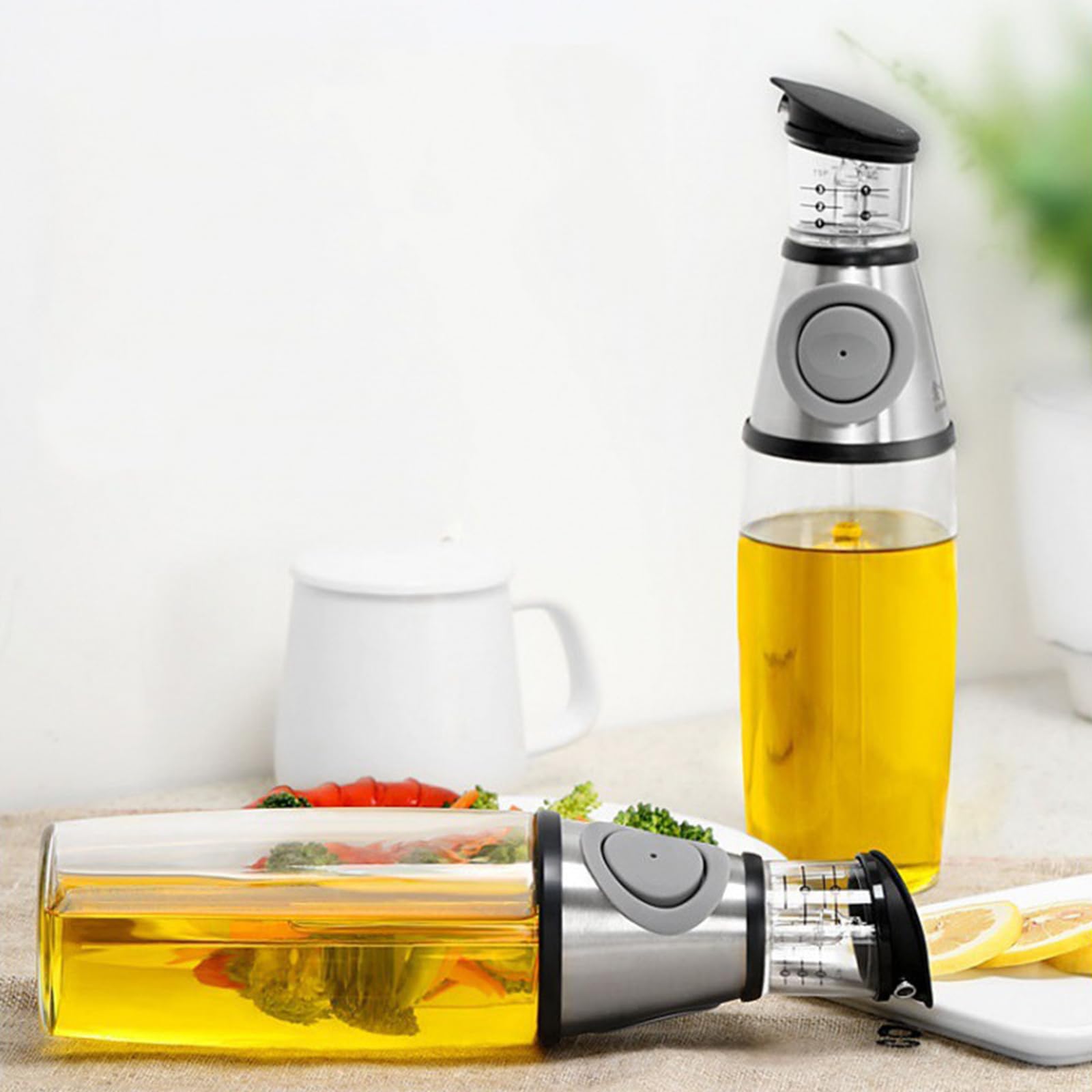 soulnioi Oil Dispenser Bottle For Kitchen/2 In 1 Push Button Glass Oil Bottle/Portable Oil Bottle Measuring Oil Vinegar Dispenser For Air Fryer,Cooking,BBQ Grey 250ml+500ml - Image 3