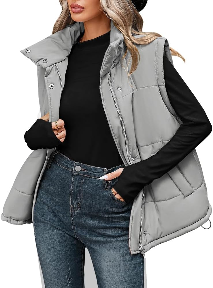 Pink Queen Womens Oversized Quilted Puffer Vest Sleeveless Bubble Padded Stand Collar Zip Up Winter Warm Outerwear Jacket