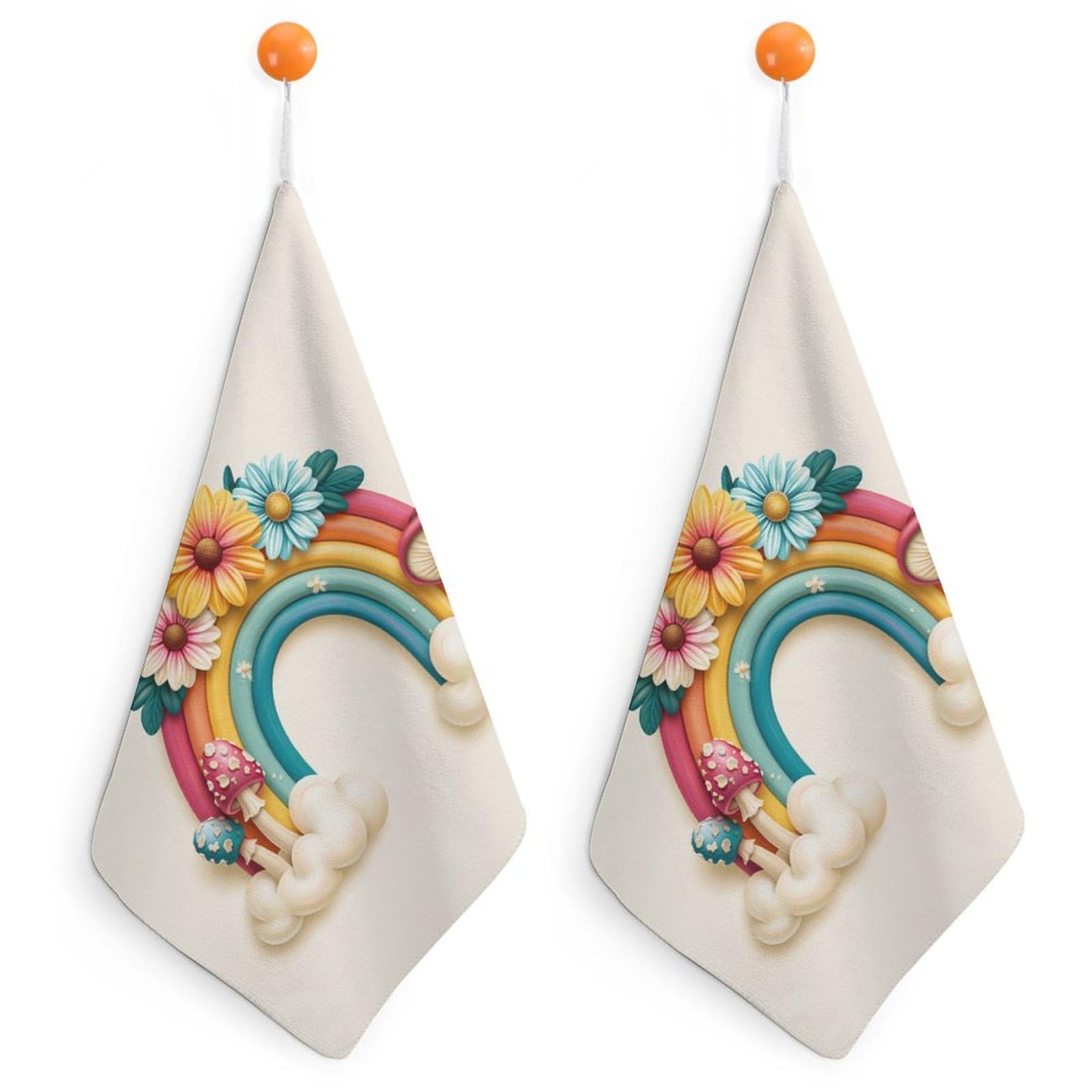 Jubonexis Retro Rainbow with Daisies And Mushrooms Small Hand Towel with Hanging Loop 2 PCS Absorbent Soft Wash Cloth for Kitchen Bathroom