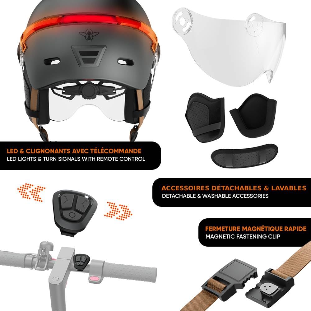 CASR Glow Casque LED Vélo Trottinette Visière XL Cache-Oreilles Amovibles Clignotants Télécommande Gris Taille L