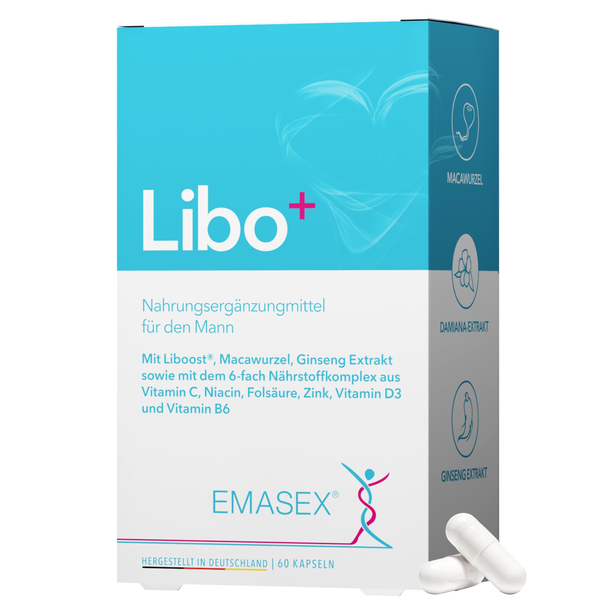 EMASEX Libo+ – hochdosiertes Männermittel zur Unterstützung von Testosteron, Energie & Leistungsfähigkeit mit Liboost, Maca, Ginseng sowie Zink, Vitamin C, B6, D3, Niacin & Folsäure
