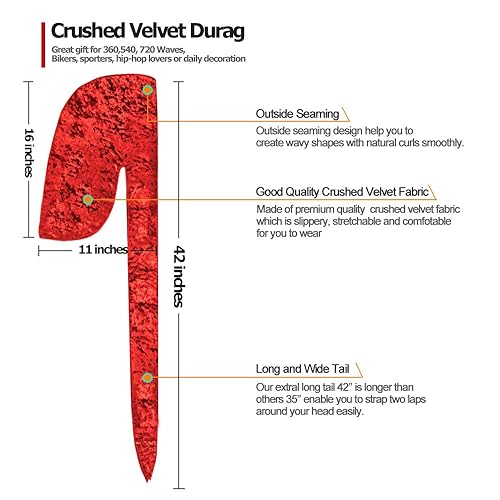 Miniatura 4 de 3 piezas de terciopelo triturado ondulado Durag  Envolturas sedosas Durag con cola extra larga perfectas para 360 olas
