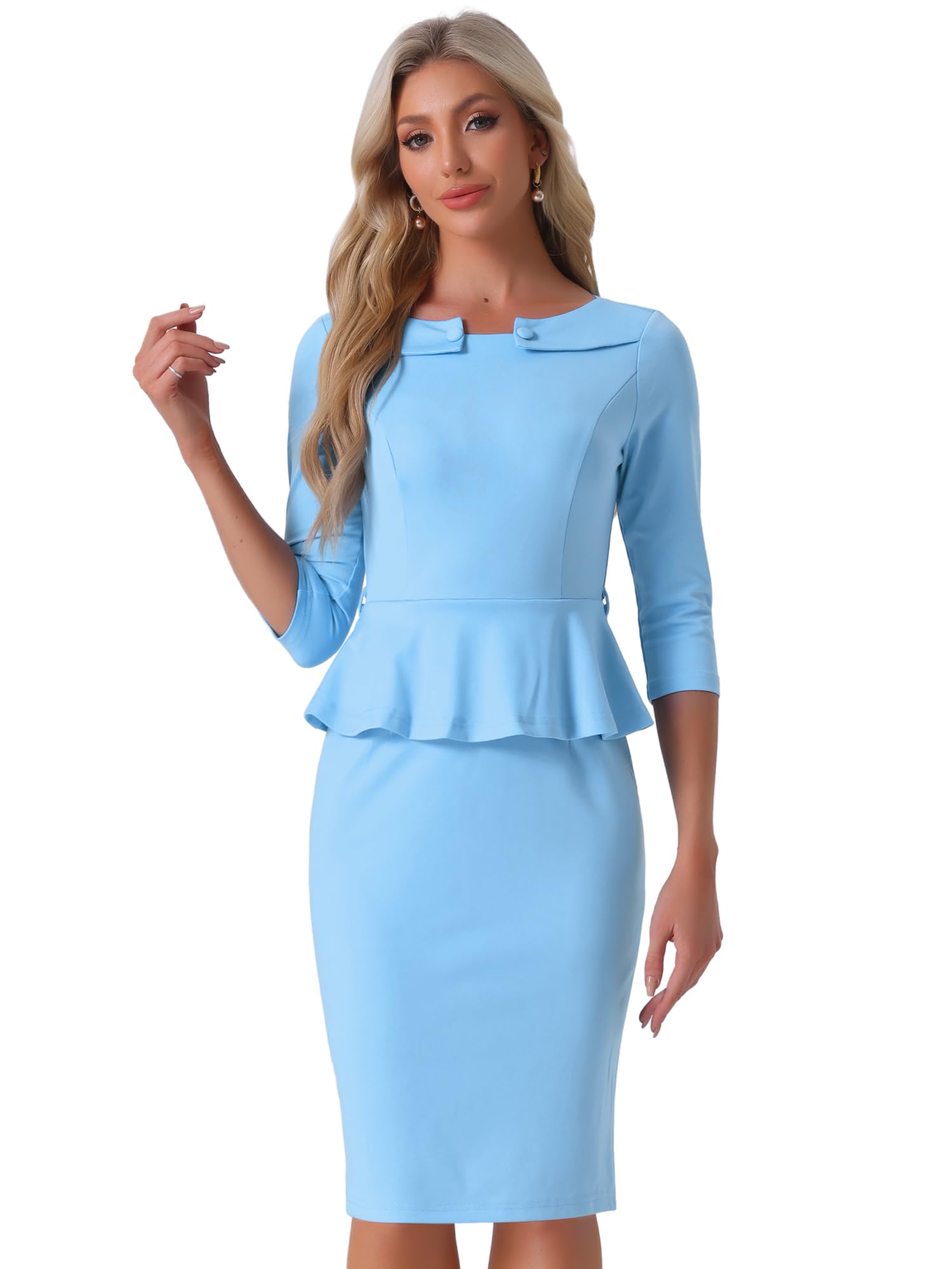 Allegra K Women's Vintage Peplum Dress 3/4 Sleeves Belted Cocktail Sheath Dresses