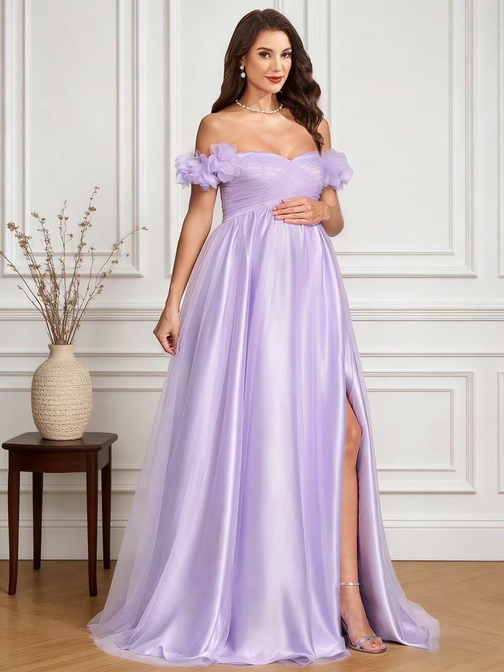 Women's Off The Shoulder Maternity Dresses for Photoshoot High Slit 3D Floral Tulle Baby Shower Dress - Image 6