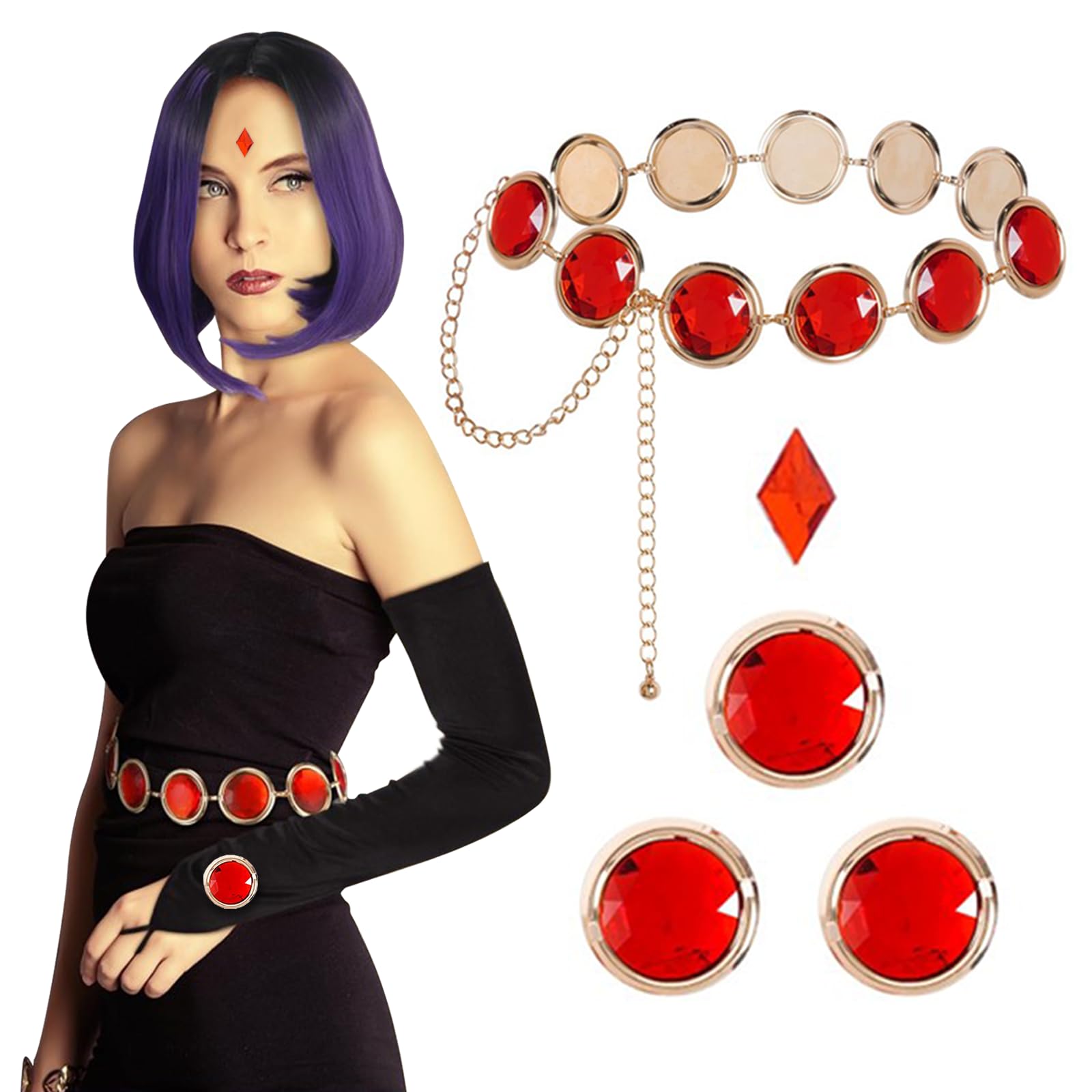 MUUPEG 44IN Halloween Cosplay Waist Belt, Set of 5 Red Gems Belt Adjustable Stone Chain with Red Gems Diamond and Round Acrylic for Raven Cosplay Starfire Costumes, Red, 44 Inch