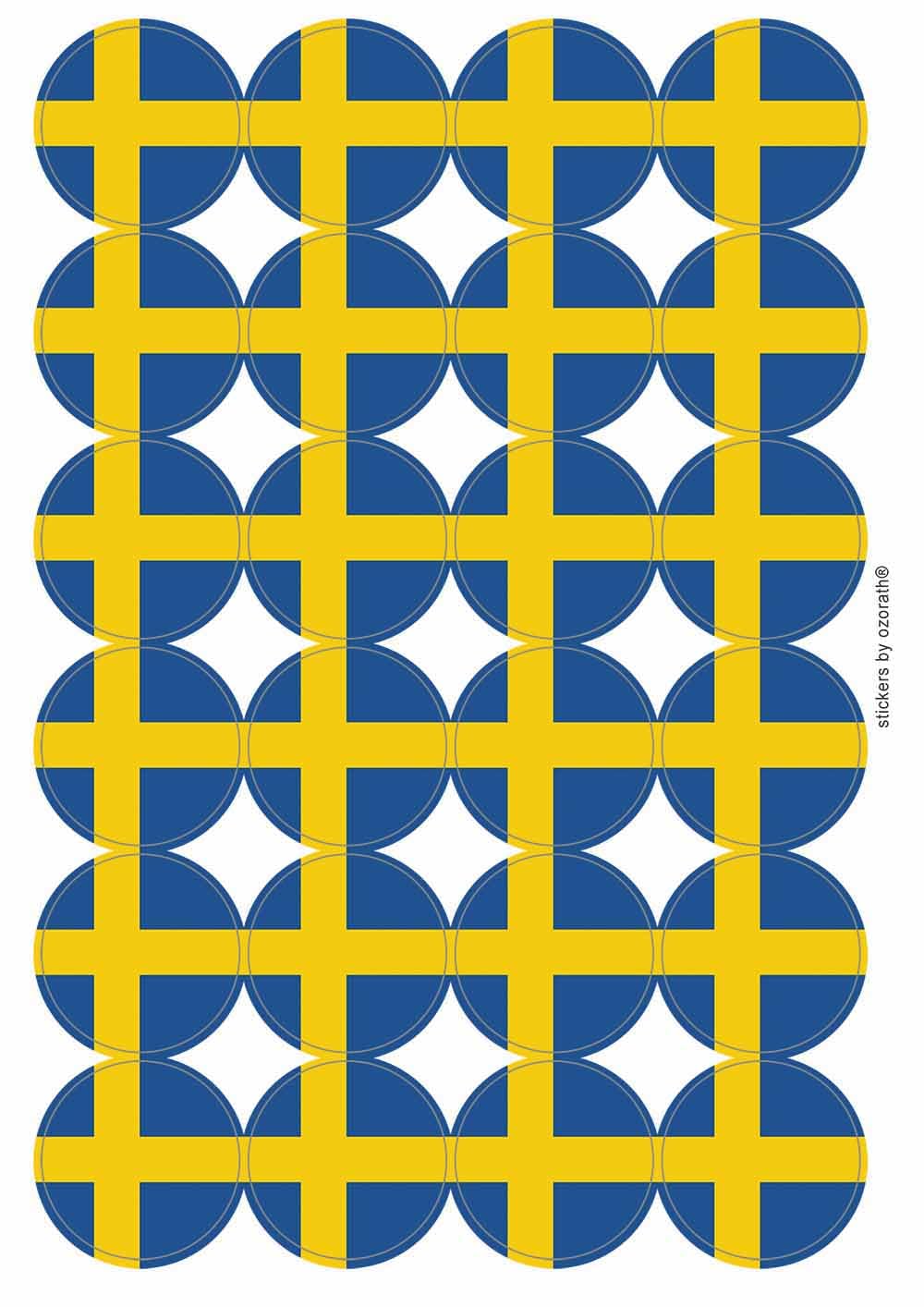 Sweden National Flag Circular Matt Paper Stickers A4 Sheet of 24 (Each Sticker is 45mm Diameter)