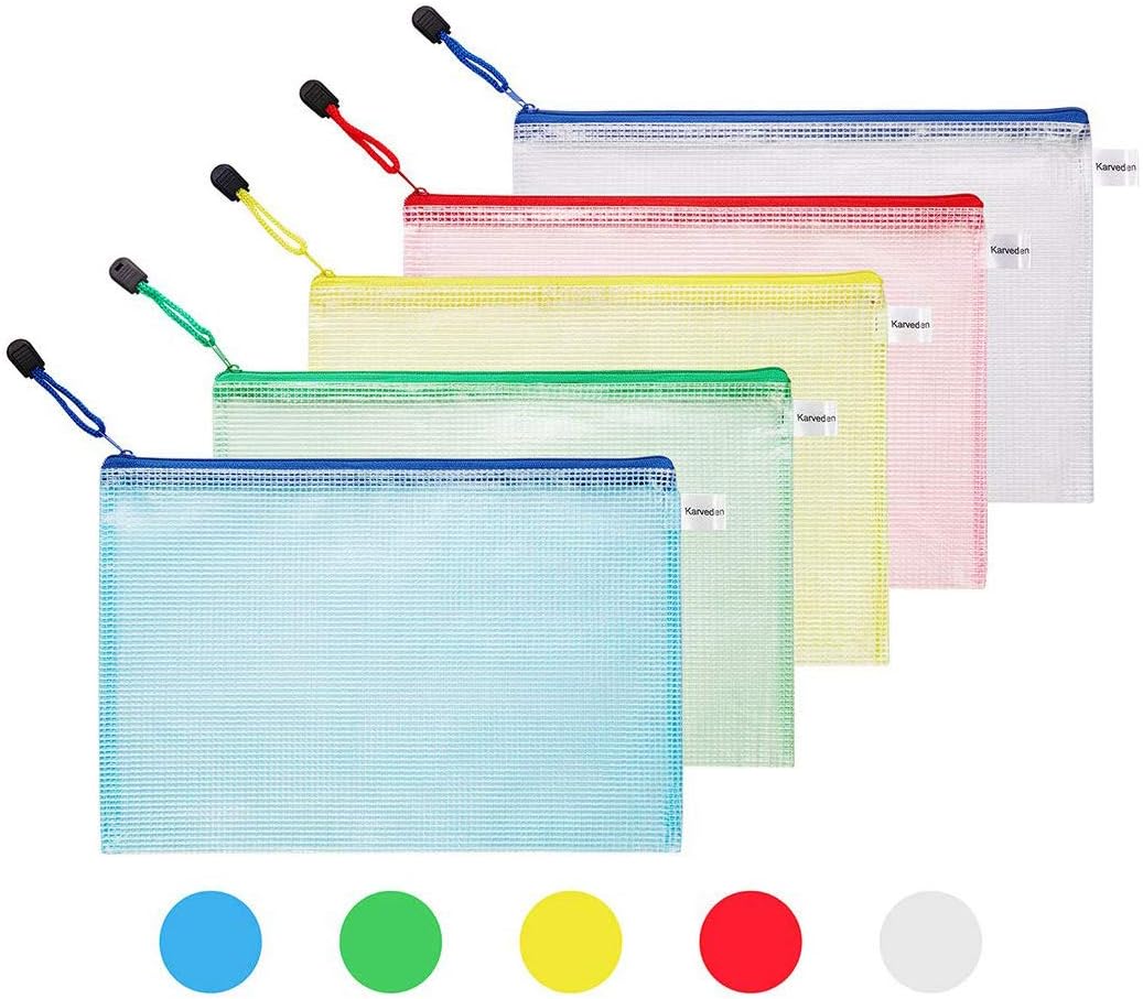 KATEVO Zipper File Bags B4, 5 PCS Large Mesh Zipper Pouch, Water-Resistant PVC Storage Pouch for Organizer Document, Receipts, Cosmetics, Travel Accessories