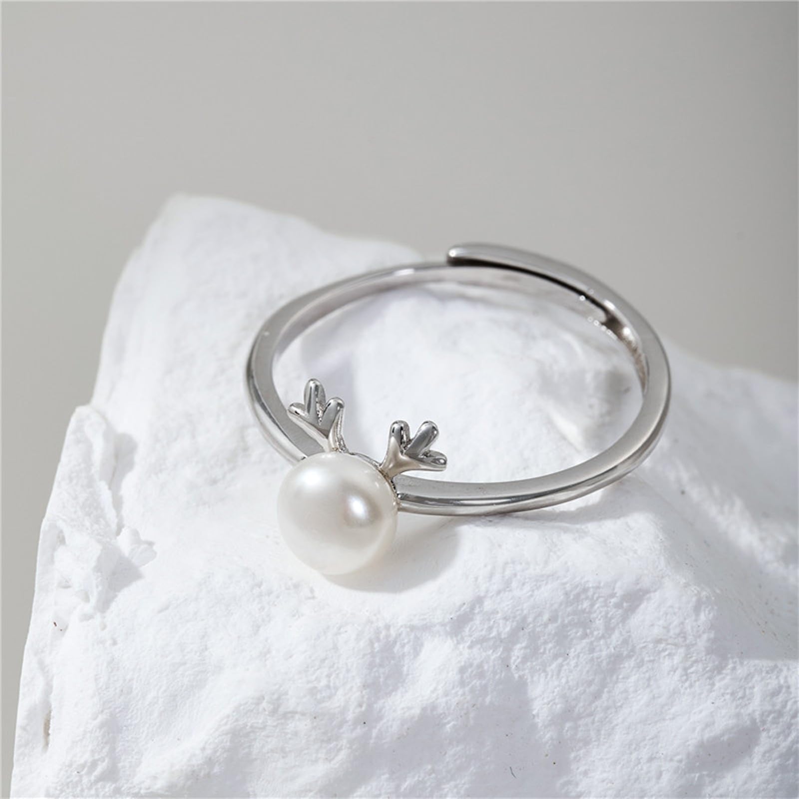 Anillo de mujer de plata de ley 925, anillo de aniversario anillos mujer diseño de ciervo con perla abierta ajustable
