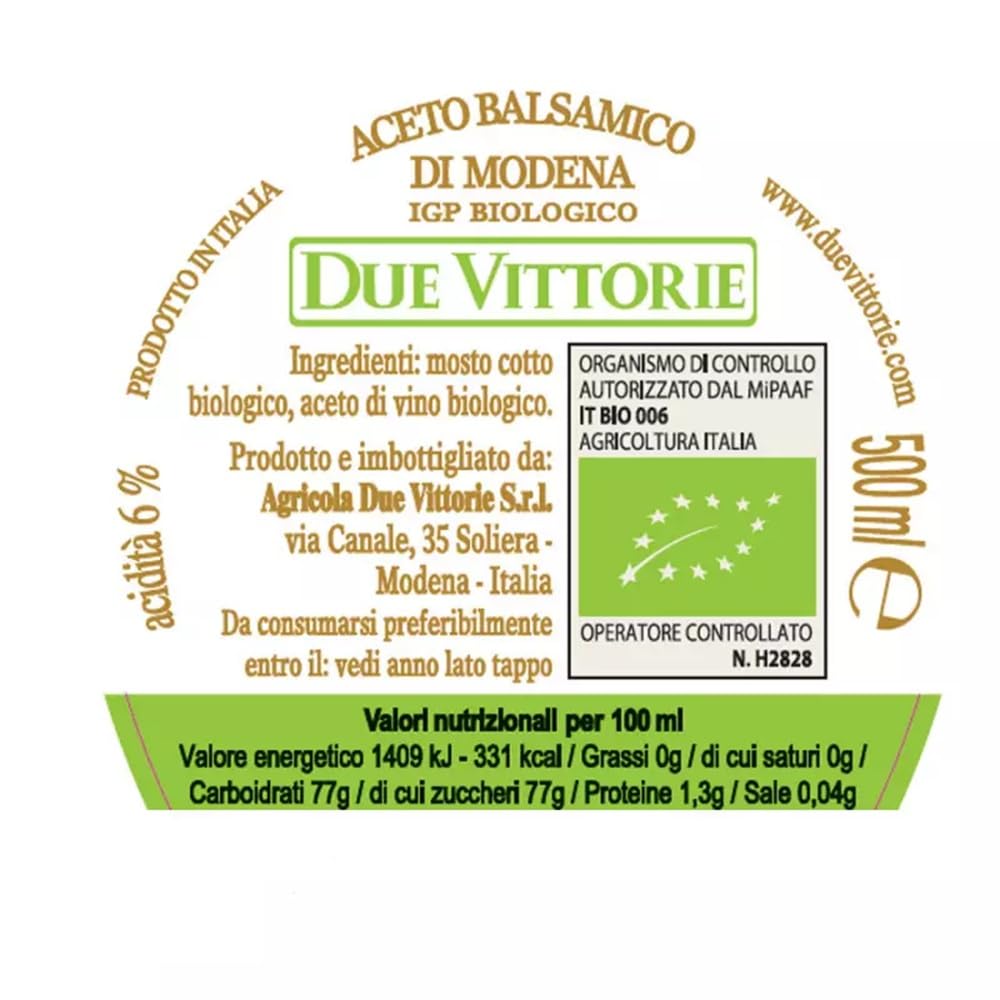 Aceto Balsamico di Modena IGP Due Vittorie Oro Premium Biologico 500 ml x 6