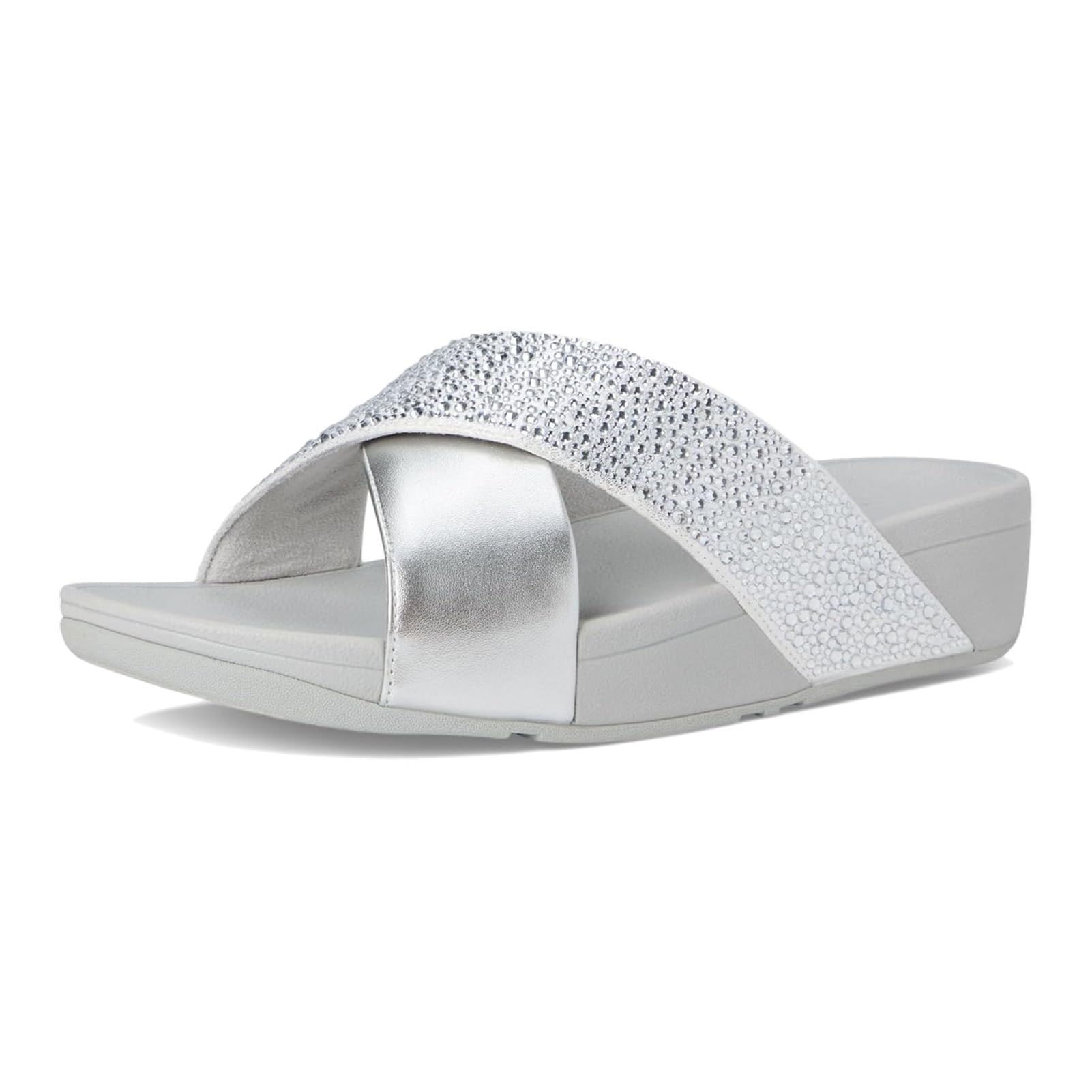 FitFlop Women's Lulu Crystal-Mix Metallic Cross Slides Wedge Sandal 7 Silver