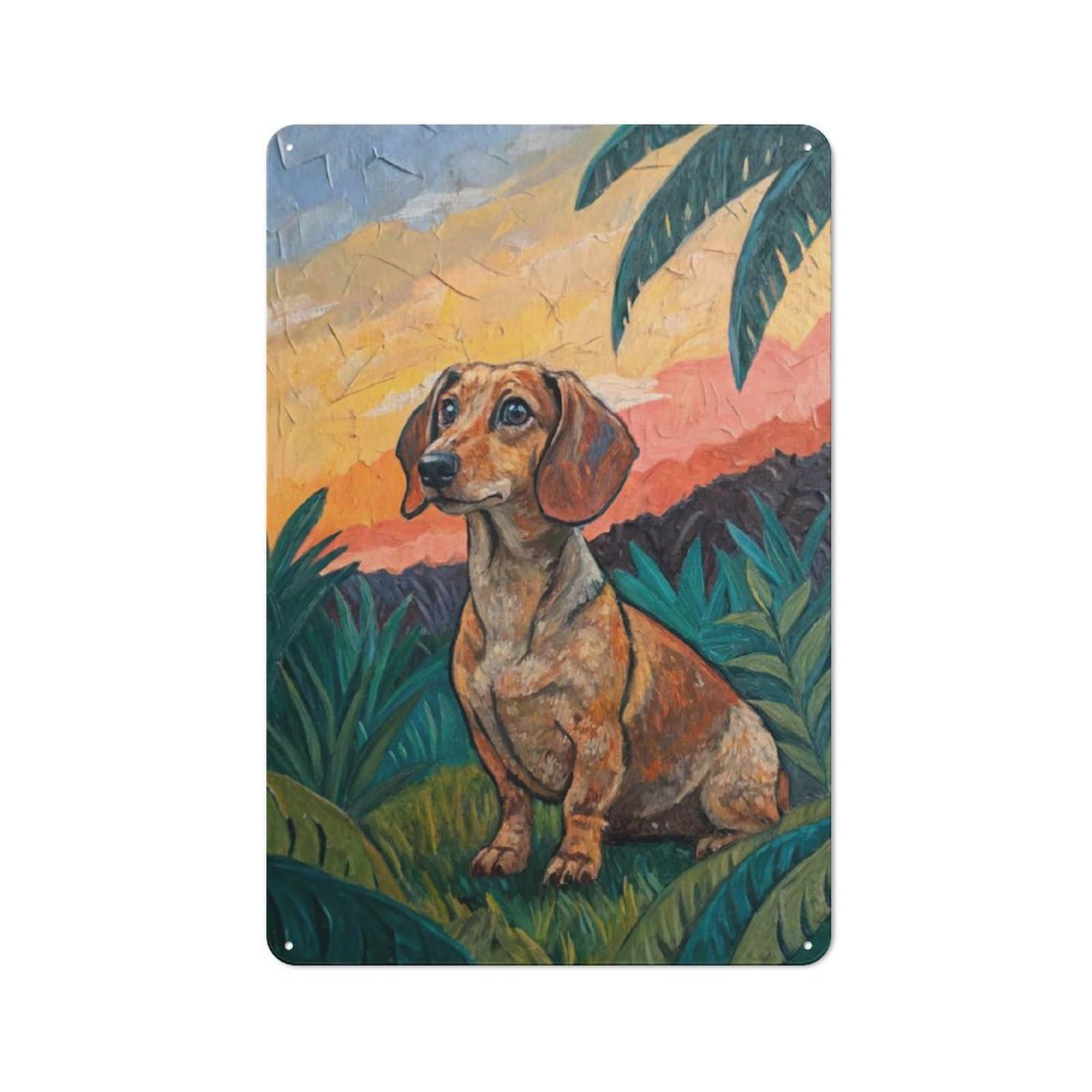 Junmoney Style Dachshund In A Tropical Sunset Rustic Metal Plaque 30X20cm For Living Room Or Hallway, For Garage, Workshop And Man Cave Decoration