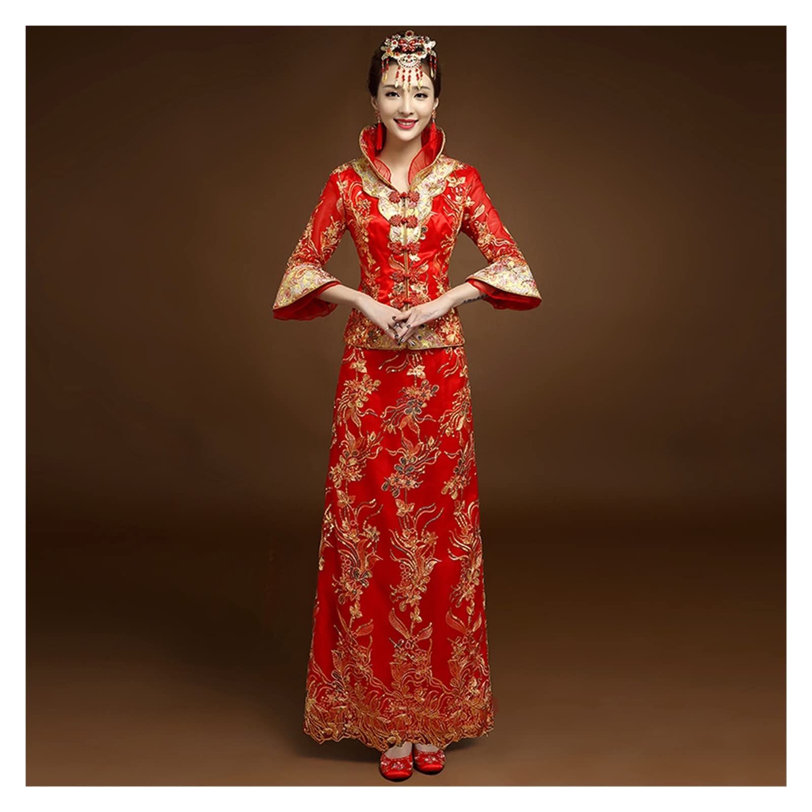 Amazon.co.jp: WLLF 赤の伝統的なショーの花嫁刺繍チャイナ ドレス結婚  