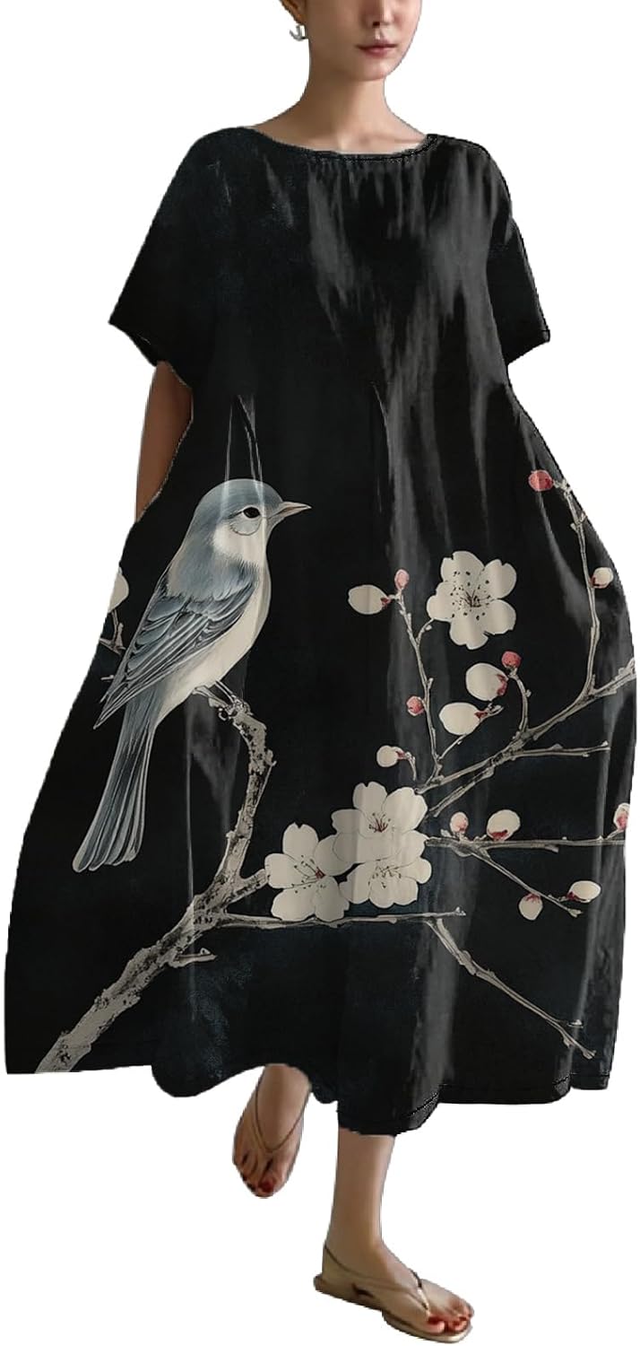 Women's Plus Size Boho Dress Novelty Floral Painting Summer Linen Maxi Dresses Casual Loose Flowy A-line Midi Dress