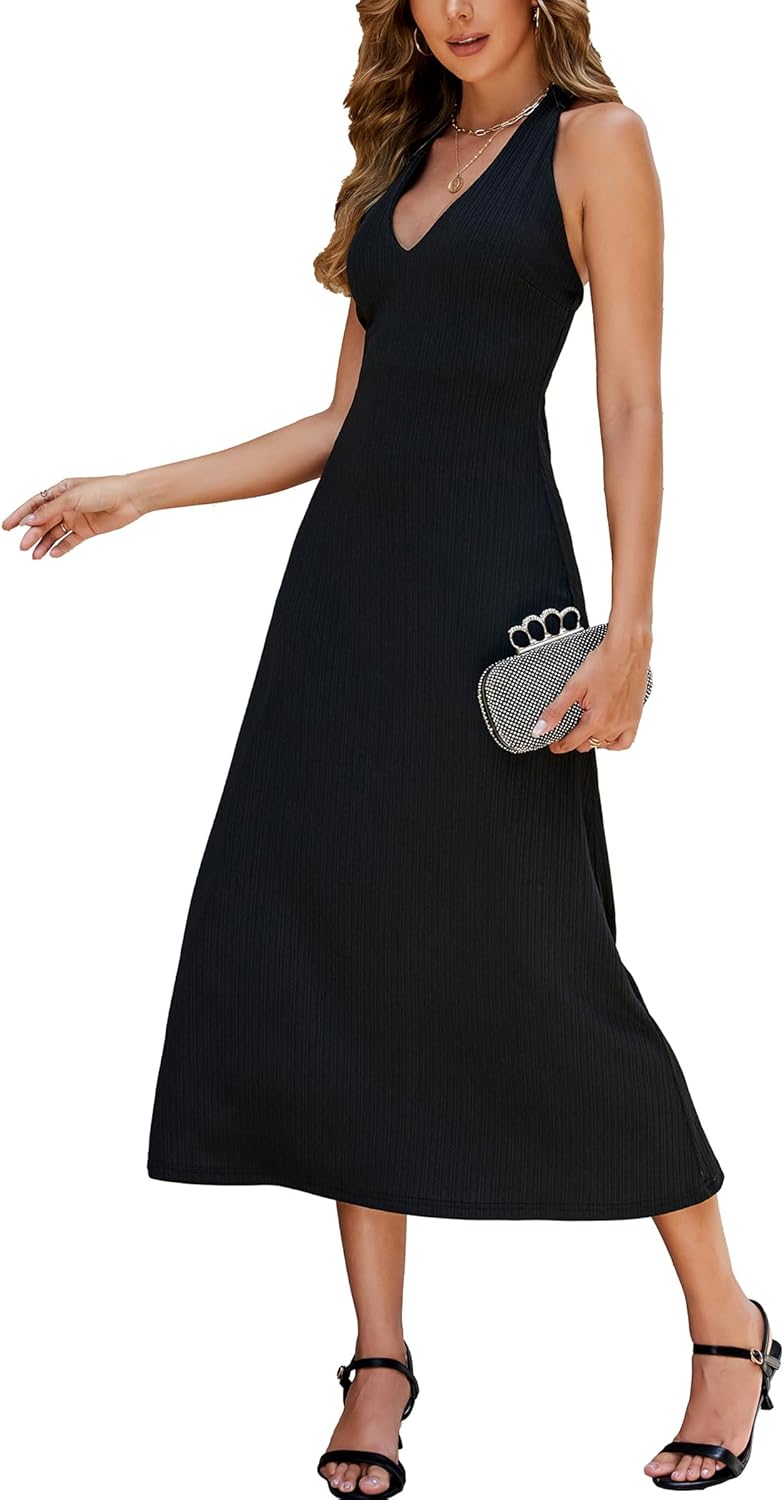 YYA Women's Formal Dresses Sexy V Neck and Backless Midi Long Dresses with Hanging Neck Design S-XL