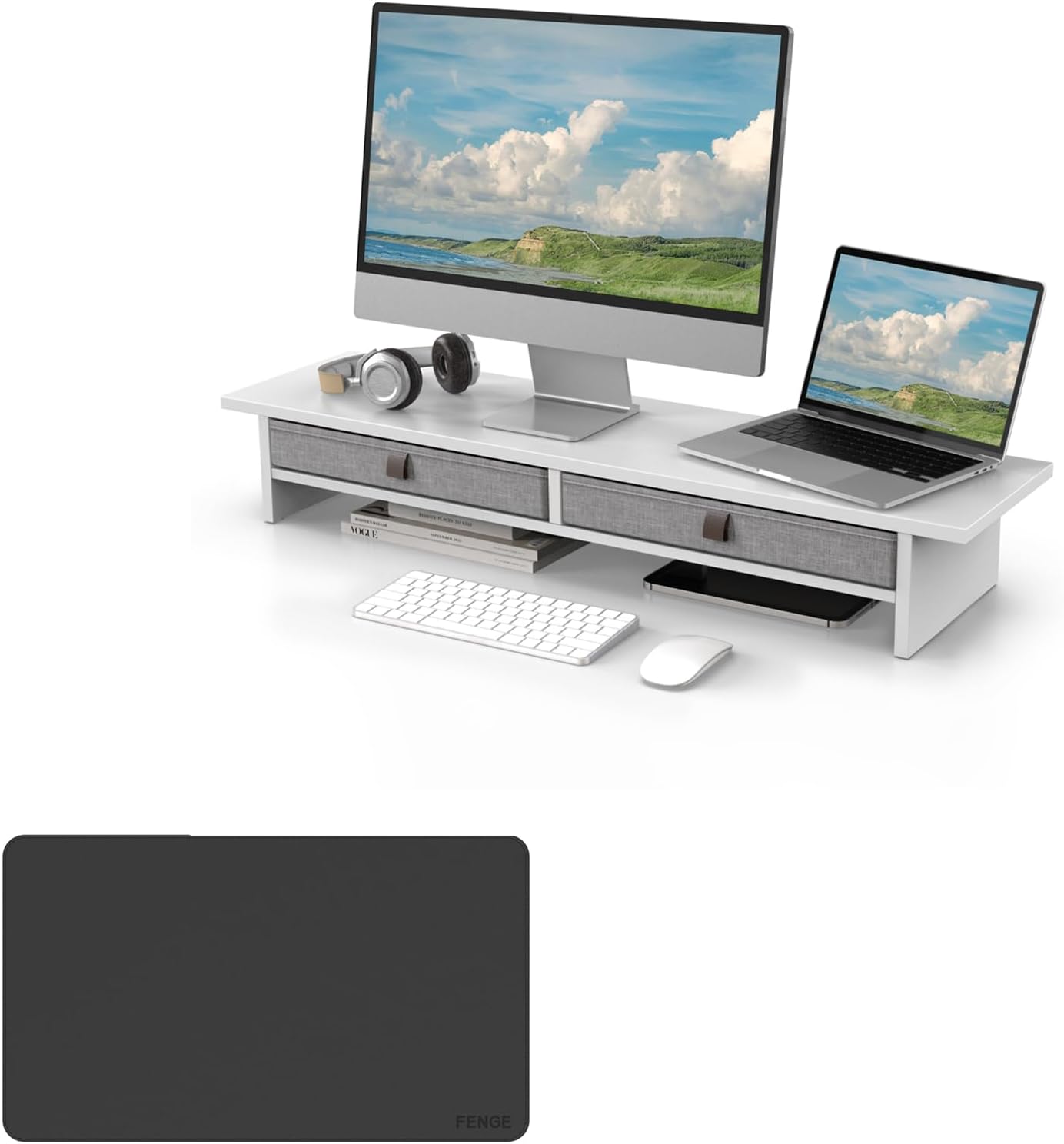 Fenge Monitor Stand with Drawer, Double-Sided Desk Pad Mat