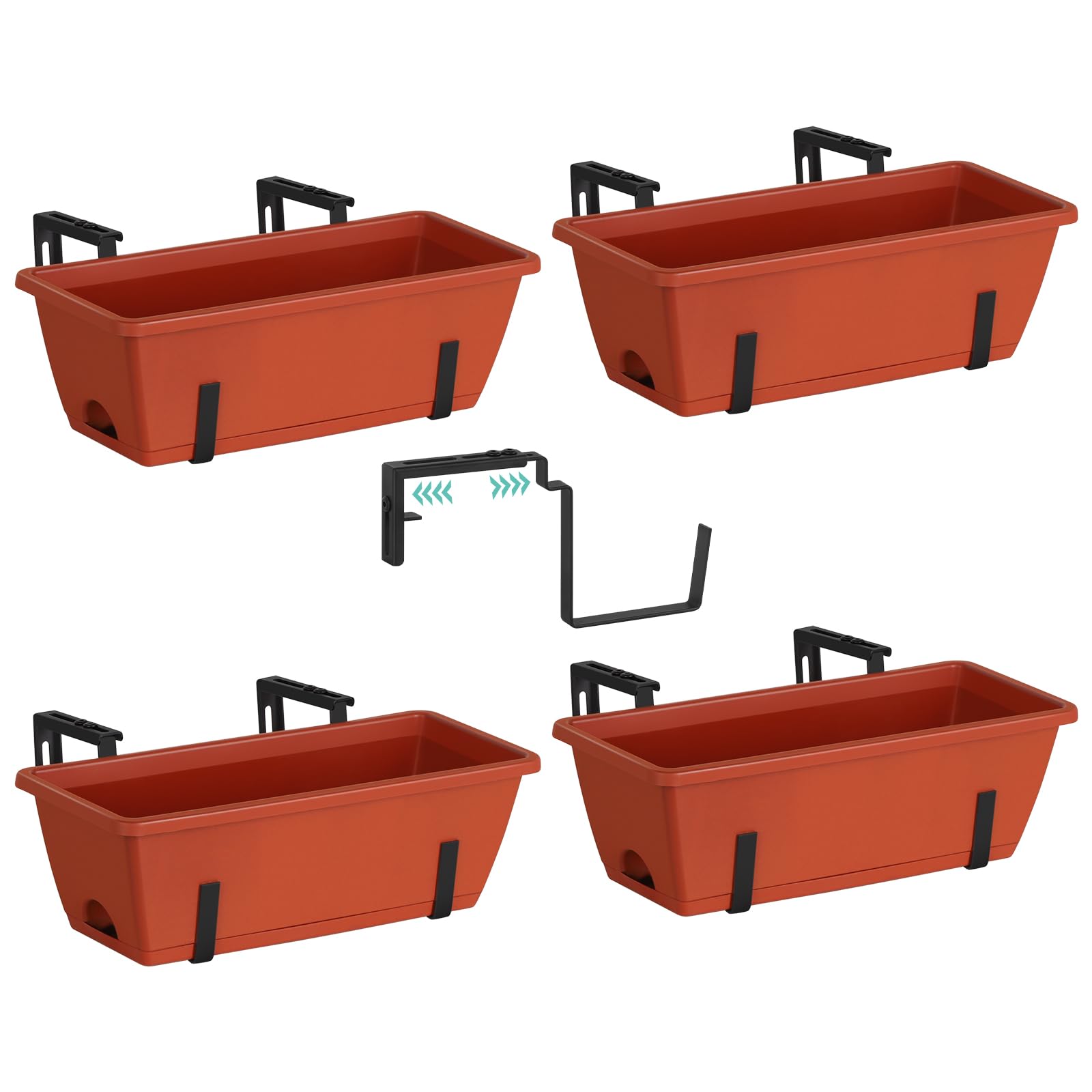 4 Pack Railing Planter Box with Adjustable Brackets 16.9 Inches Fence Planters Hanging Brick Red Deck Railing Planter Boxes Plastic Outdoor Balcony Railing Window Boxes Planters Hanging Flower Box