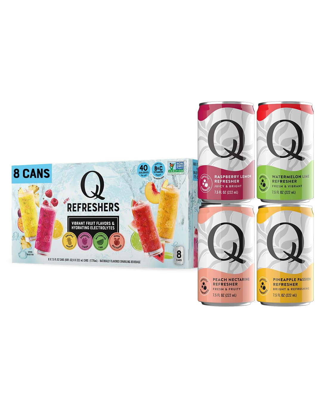 Q MIXERS Refreshers Sparkling Hydration Beverage Variety Pack (8PK) – 2 of Each Flavor: Pineapple Passion, Watermelon Lime, Raspberry Lemon & Peach Nectarine – Electrolytes + Vitamins, Mocktail & Cocktail Mixer - 7.5oz per Can