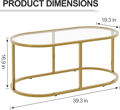 Miniatura 2 de Mesa de centro de cristal dorado Mesas de centro para sala de estar, Mesa ovalada Mesa central con marco de metal resistente, Mesas decorativas Oro