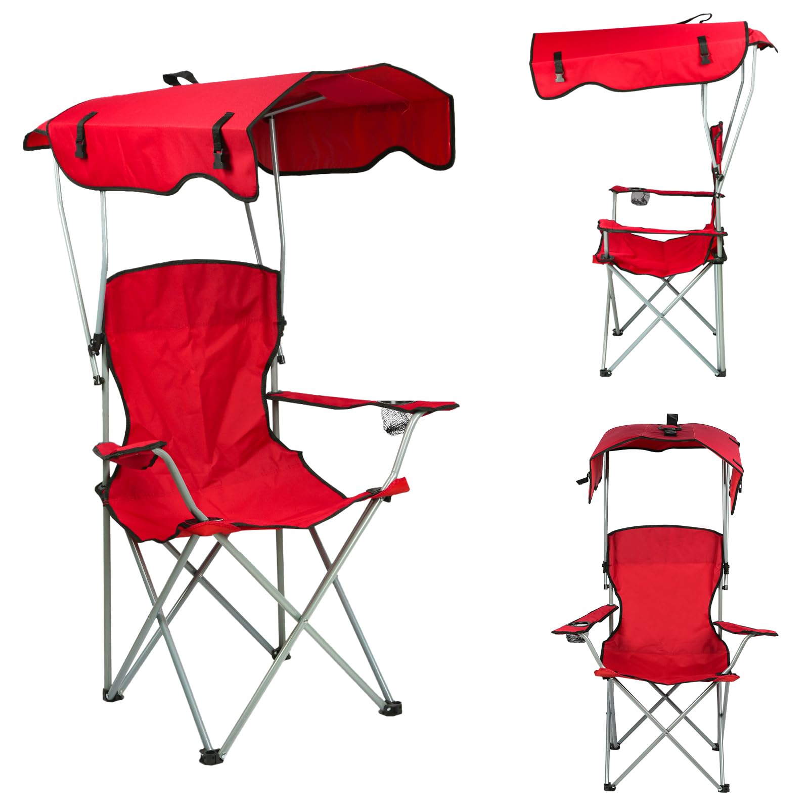 Kedia Chaise de Camping Pliante avec Toit Parasol, Porte-Boisson, Chaise de Pêche pour Camping Pêche Excursion Plage (Rouge)