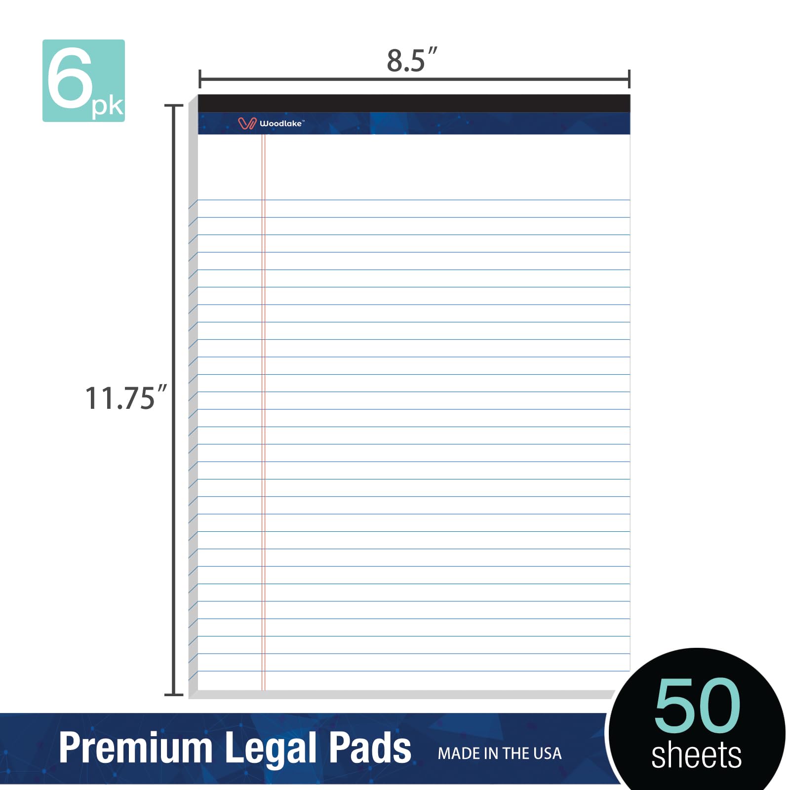 Woodlake Legal Blöcke, 21,6 x 27,9 cm, breit liniert, weißes Papier, Notizblöcke, 50 Blatt pro Schreibblock, 6 Stück, mikroperforierte, linierte Papierblöcke, hergestellt in den USA, KSU-8901