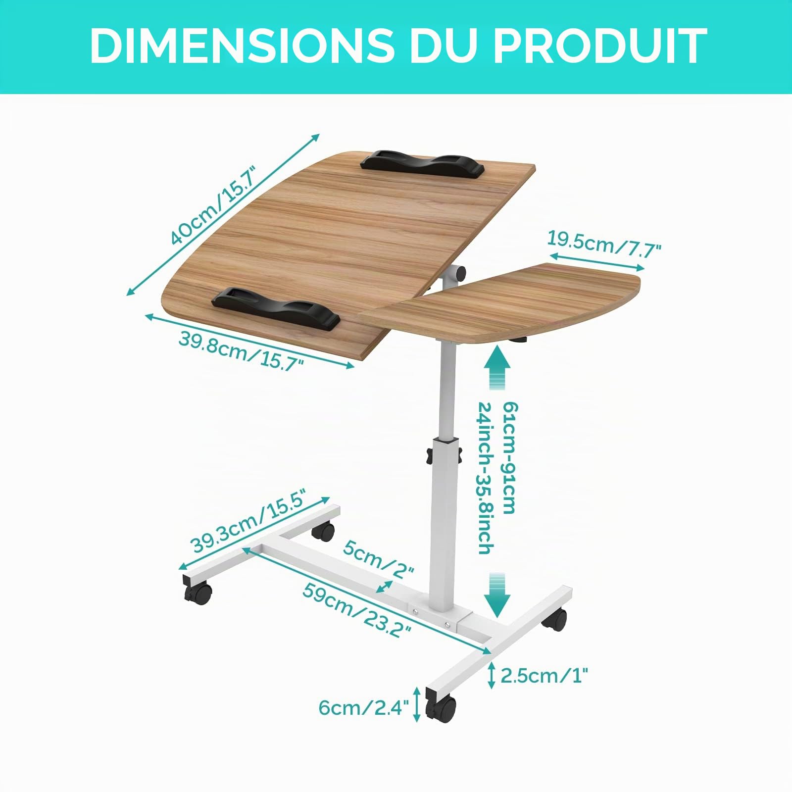 PIPIPOXER 60x40cm Table Roulante pour Lit Canapé avec Bandes Antidérapantes, Bureau Mobile Réglable en Hauteur 61-95cm, Bureau Informatique 4 Roulante Verrouillable, Table Roulante pour Chambre,Bois