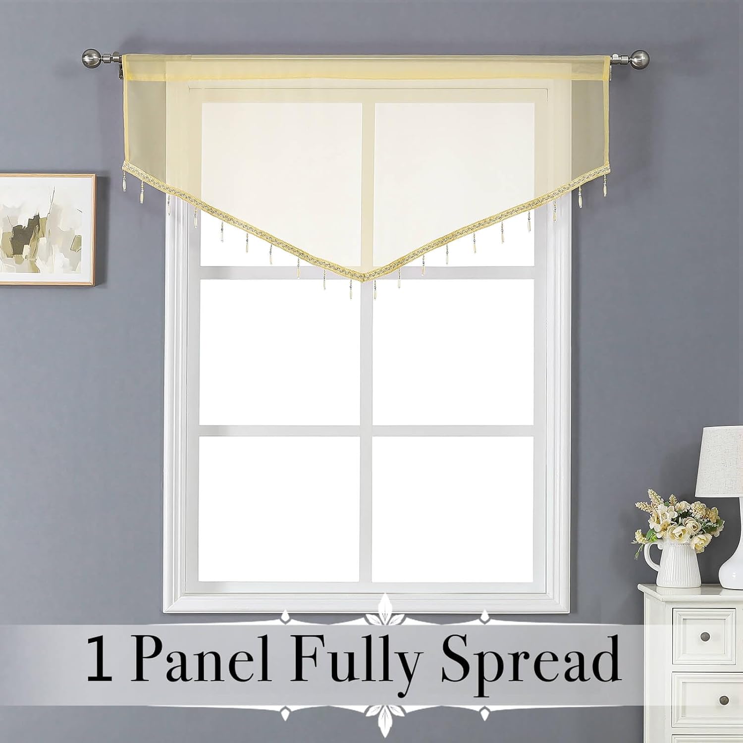 WUBODTI Yellow Sheer Valance Curtains for Living Room Windows, Boho Crystal Beaded Tassel Triangle Kitchen Curtains Lace Swag Curtain Valance for Bedroom Bathroom Door Decor,3PCs, Each W51 x L24