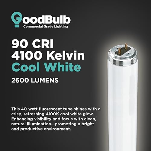 Miniatura 5 de GoodBulb 30 Pack F40T12/841 40-W 48 Inch T12 Fluorescent Light Bulb, 4100K Cool White Light, Medium Bi-Pin Base, 2600 Lumens, 90 CRI, 24000 Life