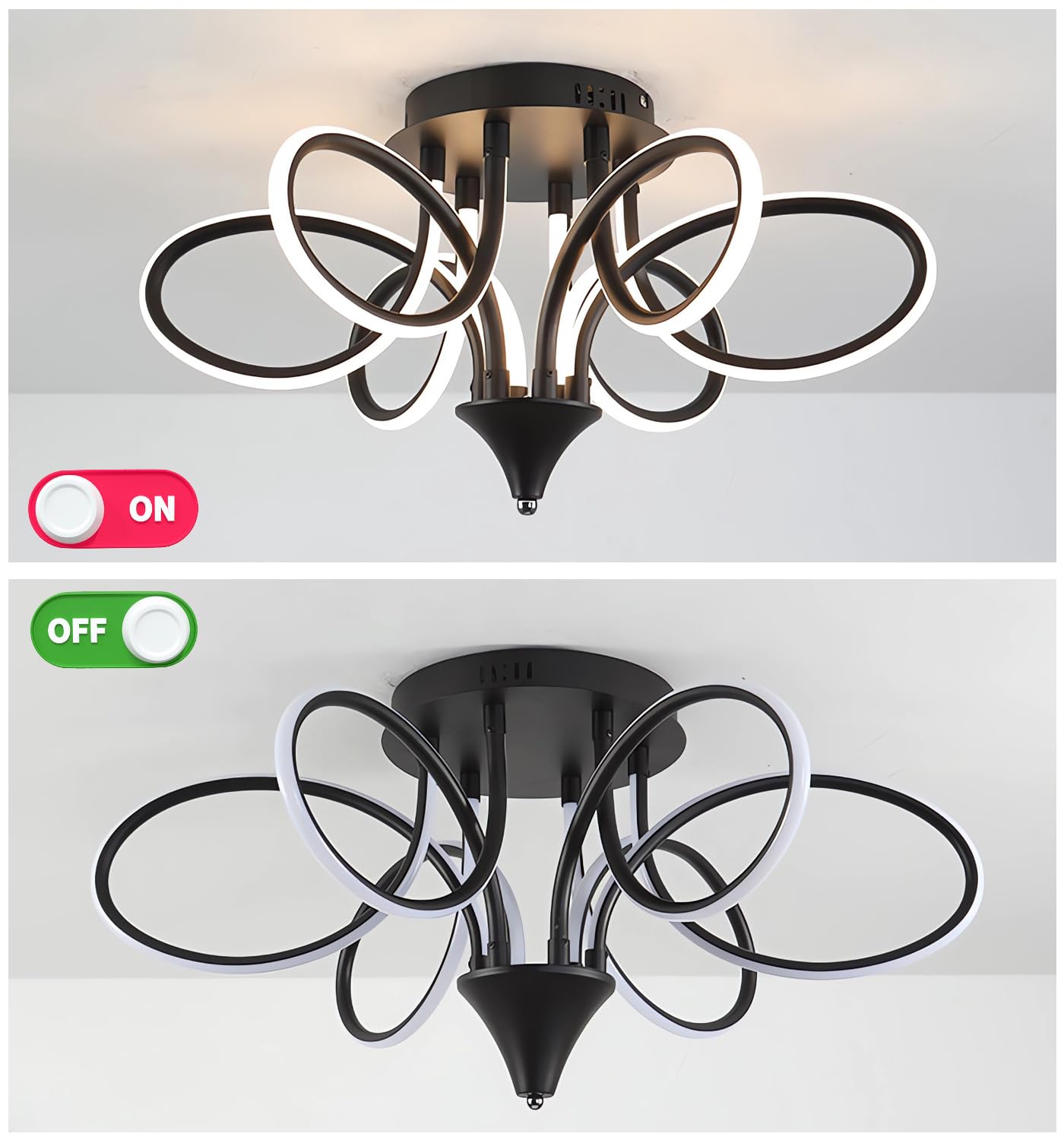 Nowoczesna lampa sufitowa LED 90W Nordic Oświetlenie sufitowe Możliwość przyciemniania Lampa sufitowa do salonu Żyrandol do jadalni z pilotem Sypialnia Wiszące światło sufitowe (Czarny, Φ75cm)