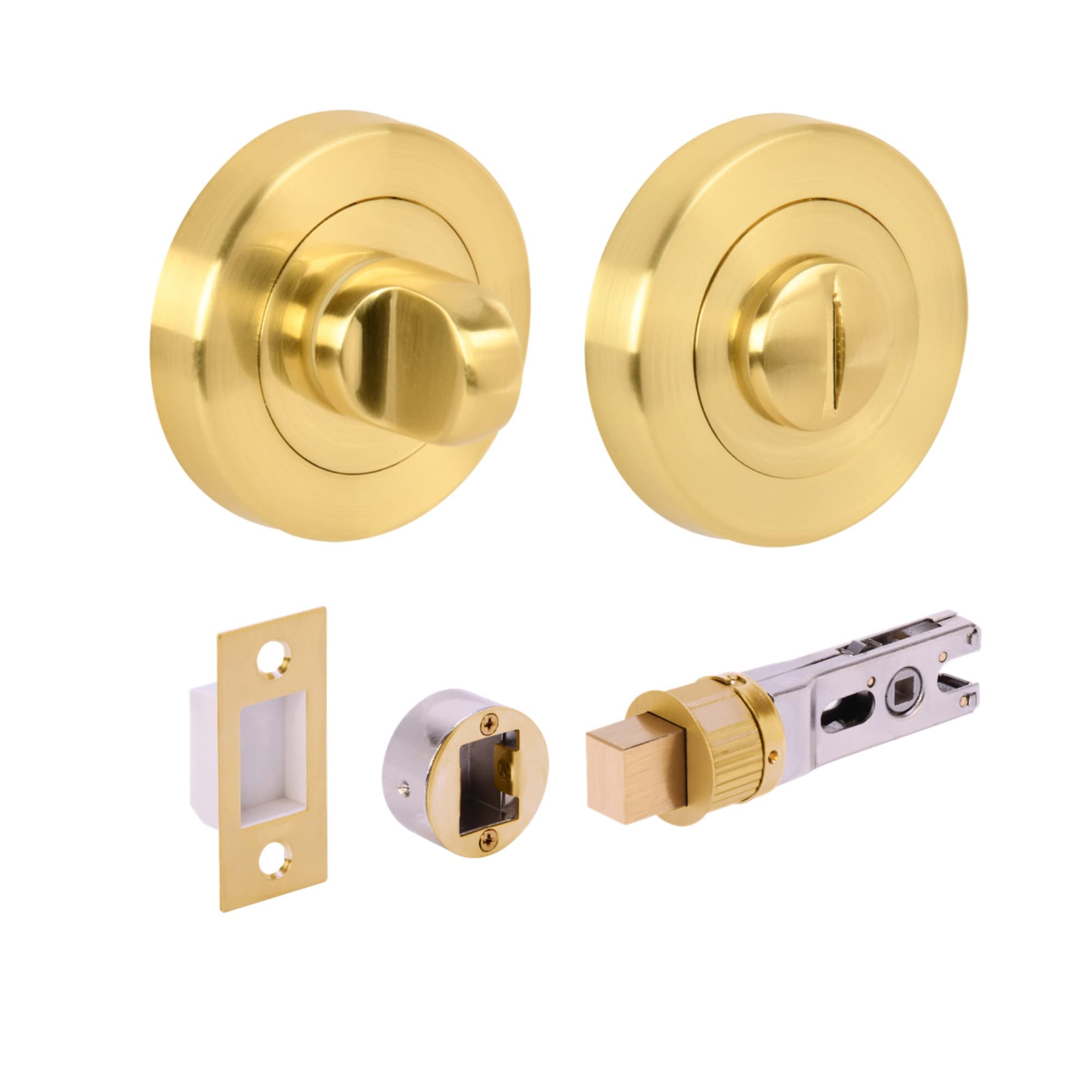 Hunta Satin Brass Handlezone® Bathroom Toilet Door Thumb Turn And Release Bullet Round Deadbolt Kit - 76Mm Bolt With 57Mm Backset