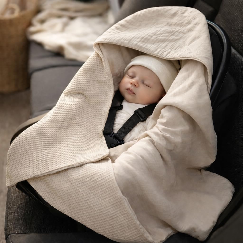Musselin Einschlagdecke Babydecke 90x90 cm für Babyschale – Sommerdecke atmungsaktiv & leicht, für Kinderwagen und Autositz, für Neugeborene & Kleinkinder, aus Waffel & Musselin, Oeko-Tex - Sand