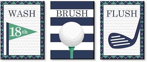 Par-Tee Time  Juego de 3 letreros de golf para pared con reglas de baño para niños, 7.7 x 10.0in, lavado, cepillo, descarga