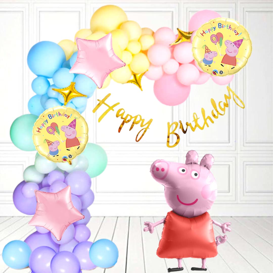 Party Town Peppa pig theme balloon decoration combo for kids, boys and girls for 1st, 2nd, 3rd, 4th, 5th birthday party with Pastel balloon garland arch kit(Pack of 58) (Peppa pig)(Aluminium)