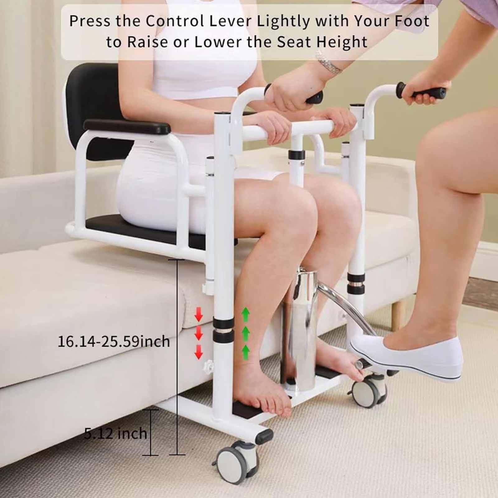 Silla de Transferencia Elevadora,Silla Elevadora para Personas Mayores con Arnés Y Antideslizante – Hidráulica 200kg, Asiento 180°, Altura Ajustable 41-65cm, Ruedas Doble Freno, 4 en 1 Multifunciona