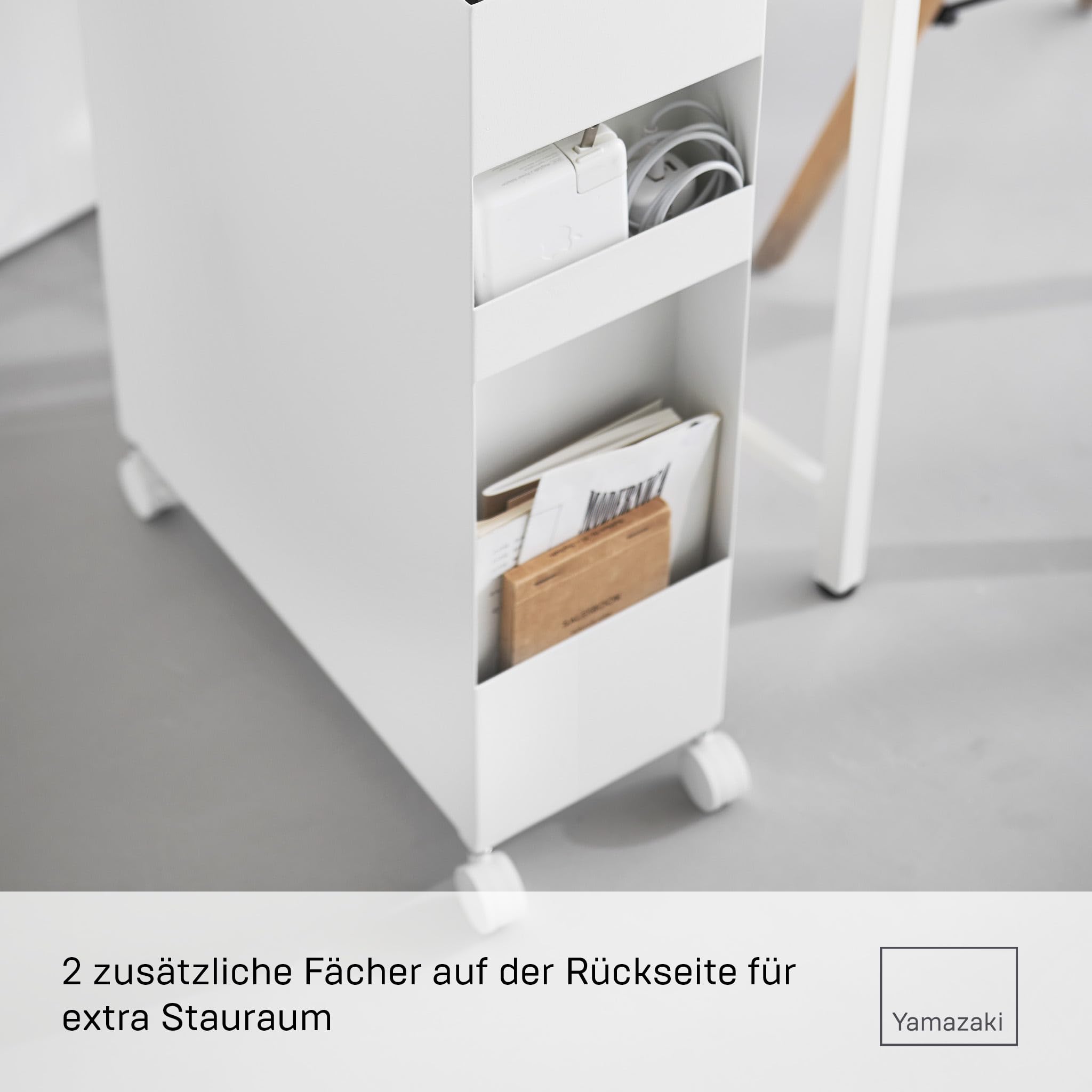 Yamazaki 10015 Tower 3-stöckiges Aufbewahrungsregal mit Körben und Rollen, weiß, Stahl/ABS Harz/Nylon/Silikon, minimalistisch, 16,6 x 43 x 58 cm (L x B x H)
