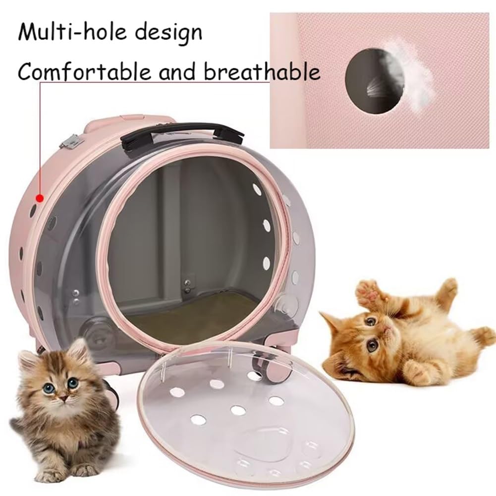 Transportín for Gatos con Ruedas,Mochila de Viaje portátil Plegable Transparente Perros y Gatos con asa telescópica,Carrito Mascotas,Bolsa de Gran Capacidad,cápsula Espacial Gatitos(Pink)