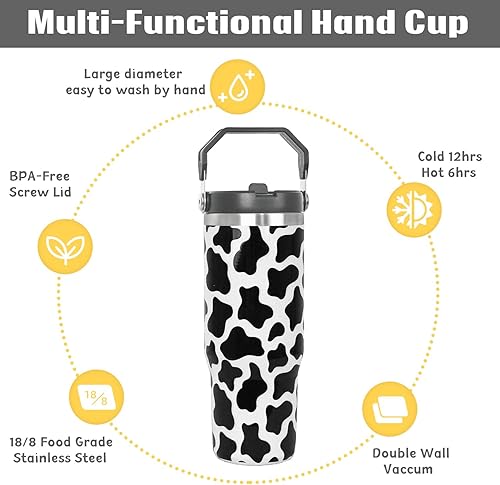 Miniatura 5 de Vaso con estampado de vaca de 30 onzas con asa, popote abatible a prueba de fugas, taza de café de vaca con asa, bonita botella de agua, regalos de