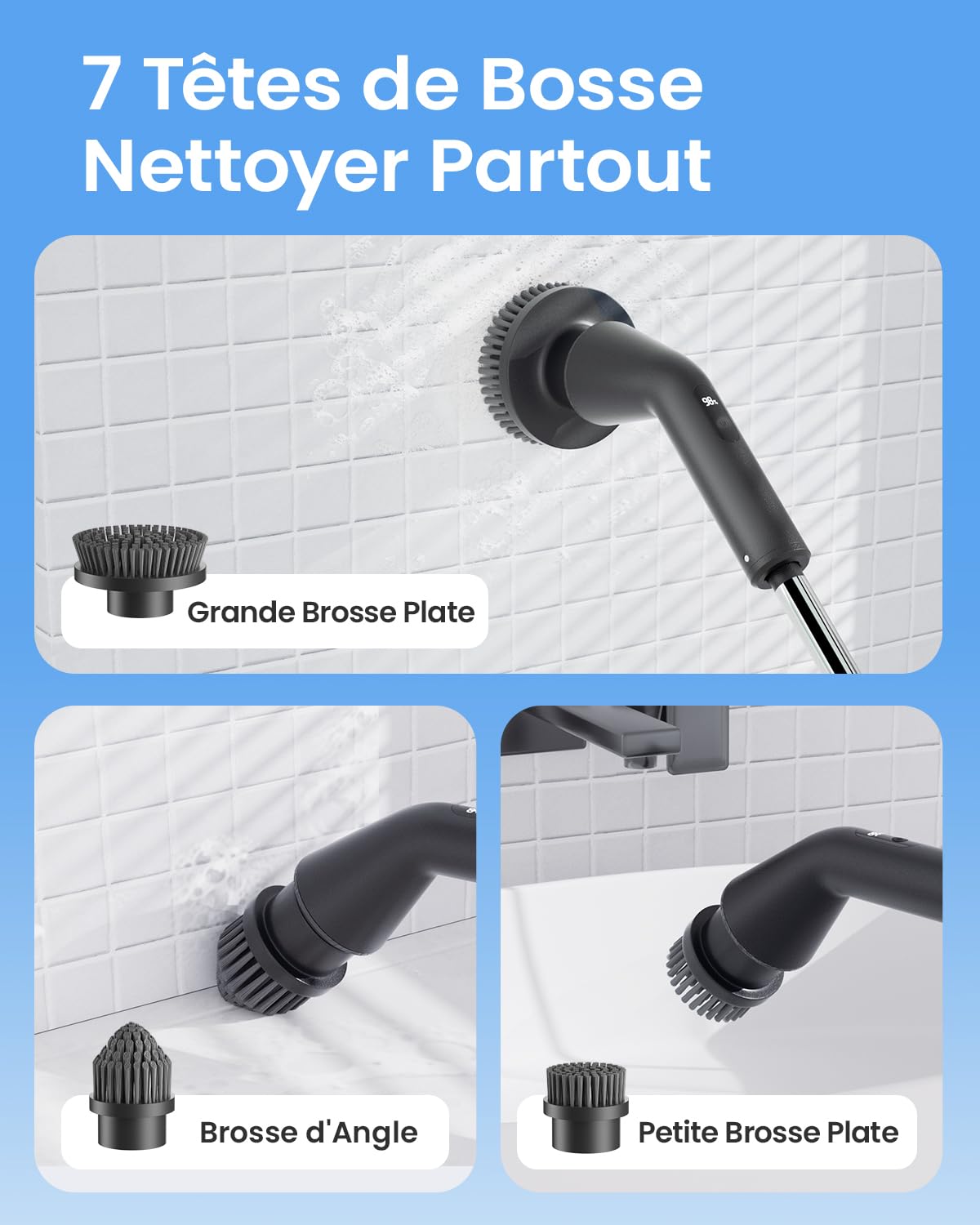 Leebein Brosse Électrique Nettoyage, 2025 Brosse Rotative Améliorée Étanche IPX7 avec 7 Têtes de Brosse, Manche Extensible et 2 Vitesses pour Salle de Bain, Sol, Cuisine et Voiture