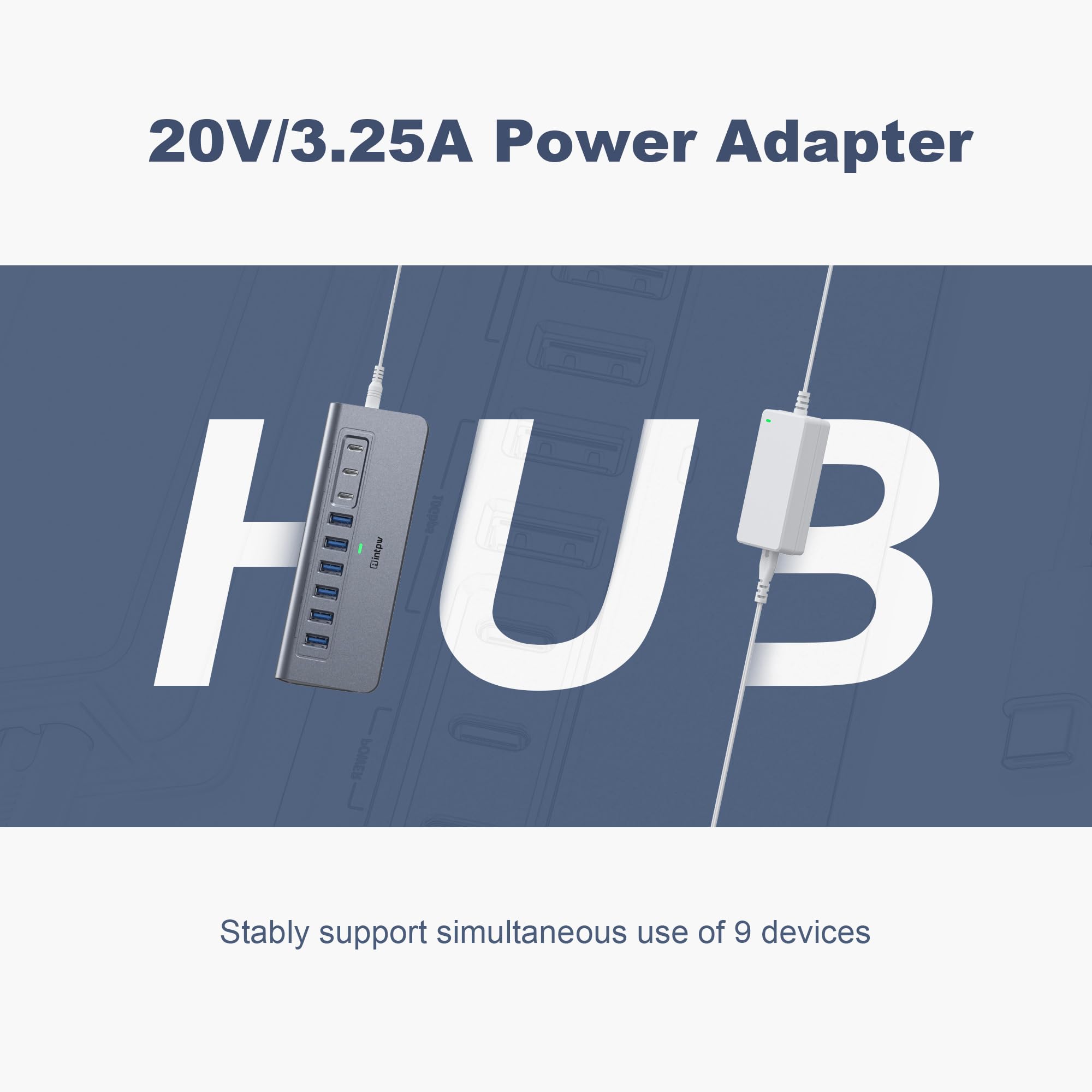 intpw Hub USB alimentato da 10 Gbps, hub USB 3.2 a 9 porte, hub USB C con 3 USB 3.2, 4 USB 3.0, 2 porte di ricarica PD da 45 W, adattatore di alimentazione da 65 W e cavo da 3,3 m, hub USB in
