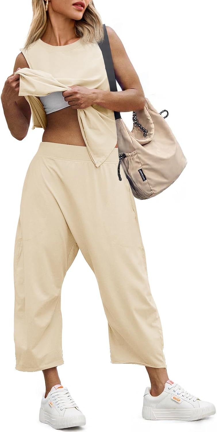 Fisoew Women's Summer 2 Piece Outfits Sleeveless Tank Tops Wide Leg Pocketed Pants Workout Sweat Sets