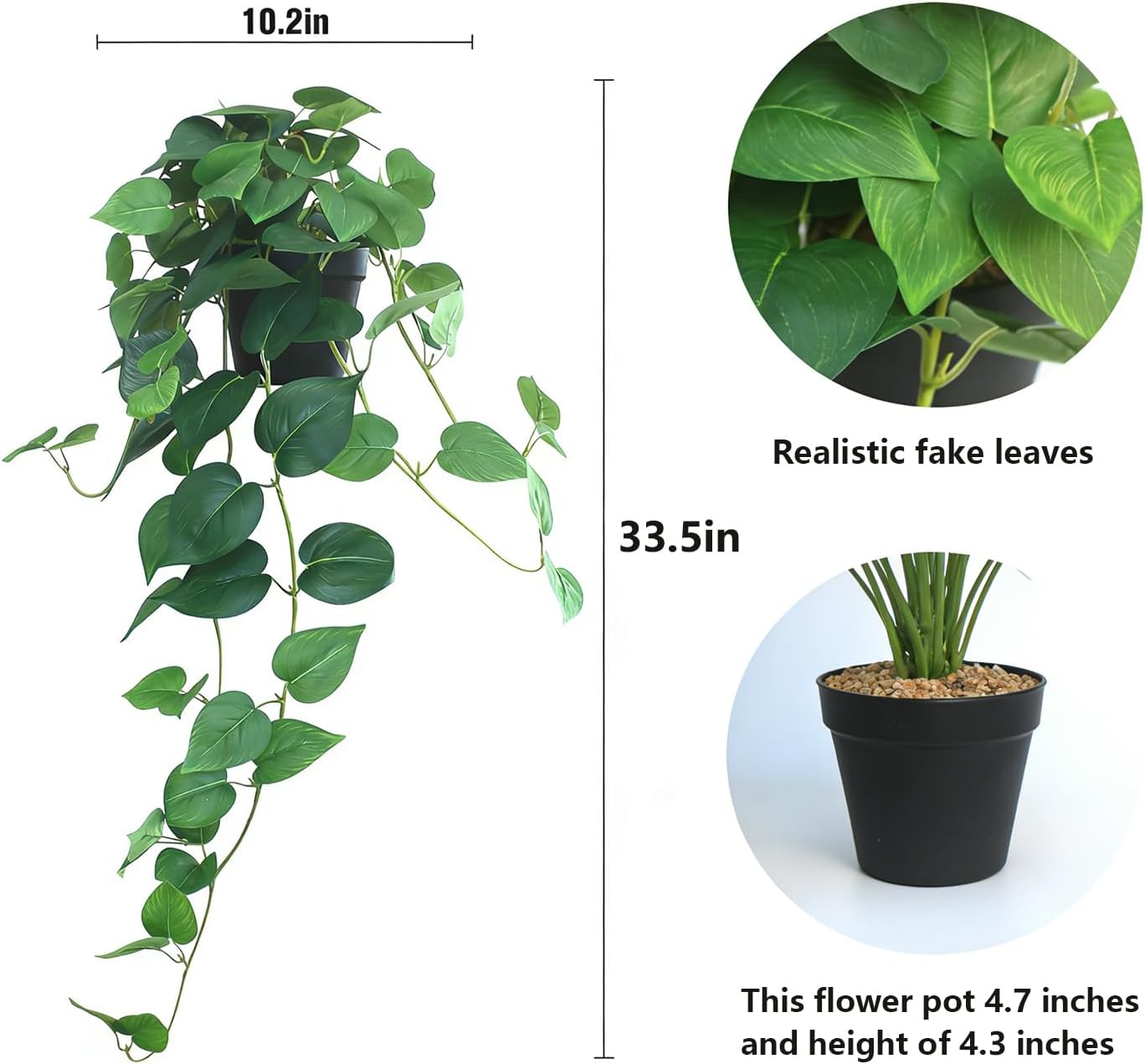 Fake Pothos Hanging Plants with Pots, 33.5" Set of 2 Faux Ivy Vines, Realistic Silk Artificial Plants Greenery for Home Indoor Decor, Living Room, Desk Shelf, Bathroom Decoration