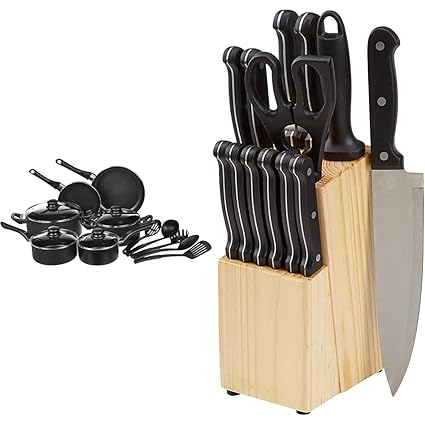 Amazon Basics 15-Piece Non-Stick Cookware Set & Stainless Steel Knife Set with High-Carbon Blades and Pine Wood Block, 14 Pieces Combo