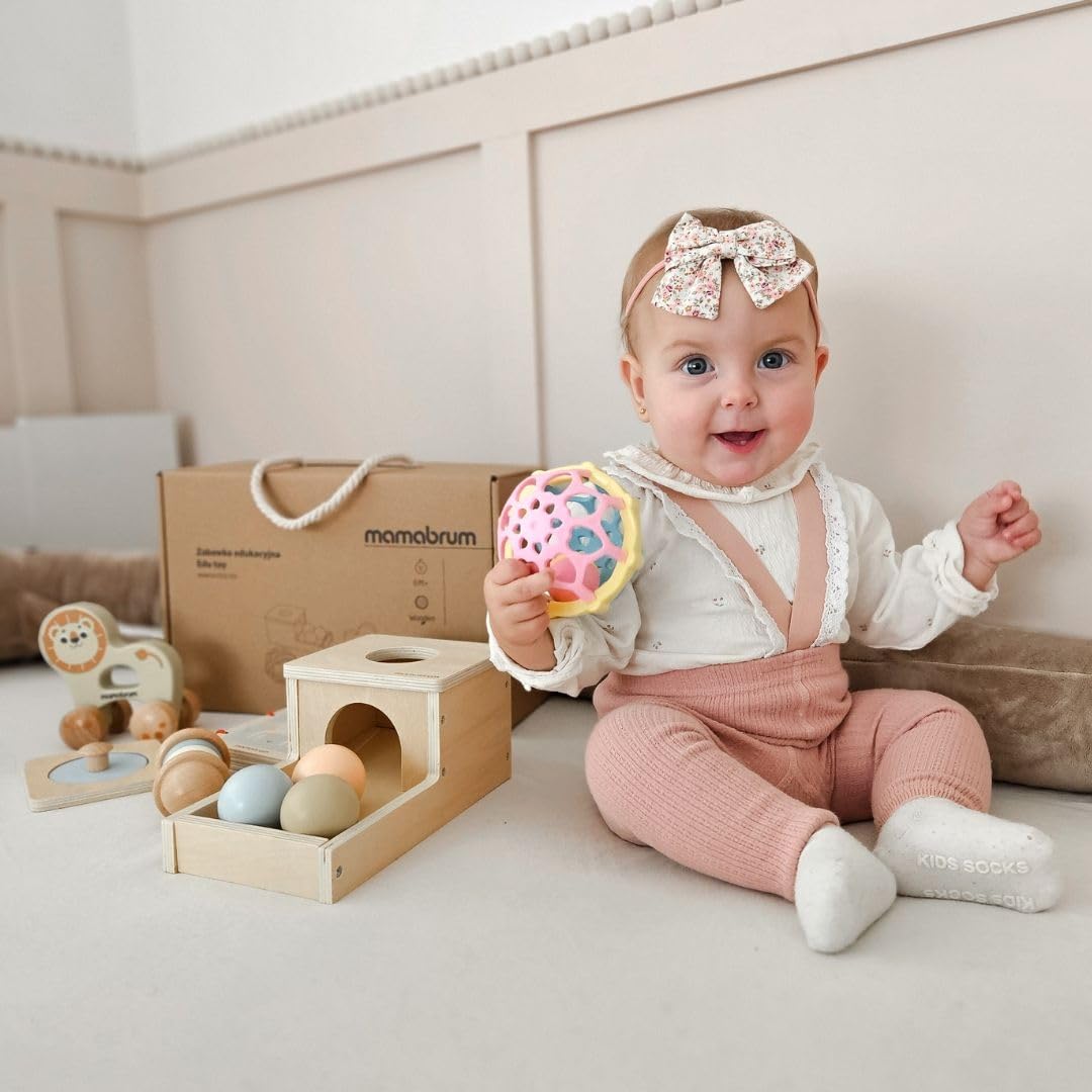 mamabrum MAM183 EDU Baby Spielzeug Set, 6 Montessori Sensorik Spielzeug für 7-12 Monate - Holz Lernspielzeug, Motorik Würfel, Rollbarer Löwe - Entwicklungsfördernd