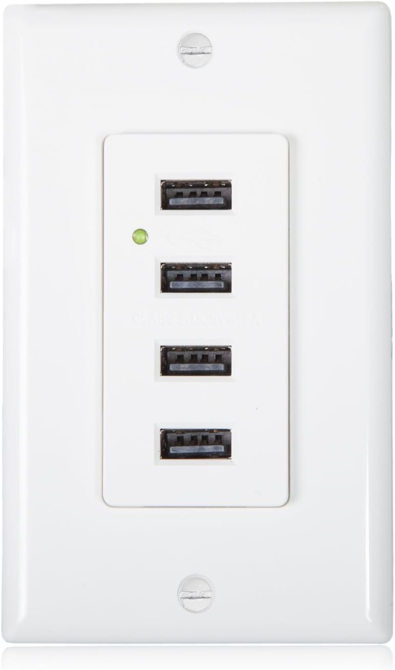 Maxxima 4.2A High Speed 4 USB Wall Outlet, Horizontal Charger Ports, Receptacle Wall Plate Included