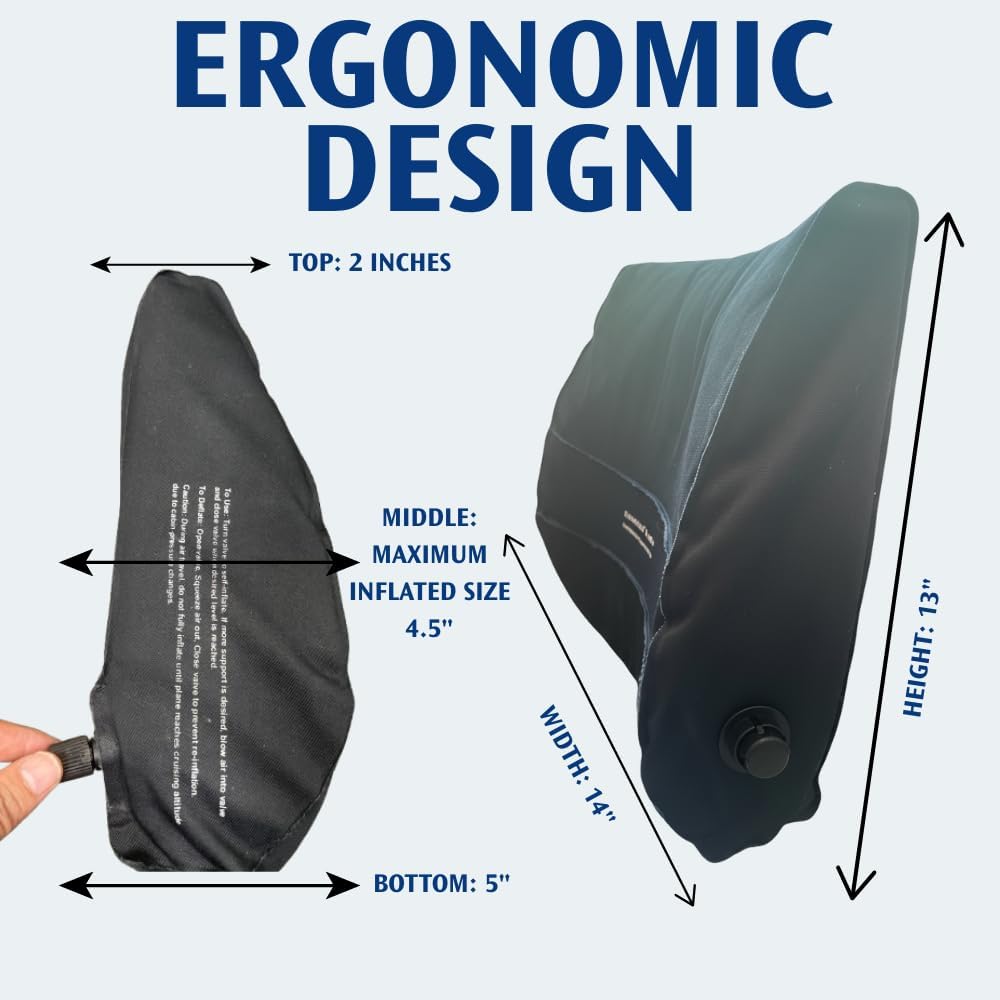Travel Pro Self-Inflatable Foam Filled Lumbar Cushion Pillow for Airplane Travel, Cars, and Office Chairs and Provides Lumbar Support, Ergonomic Design Adjustable Firmness Carrying Bag